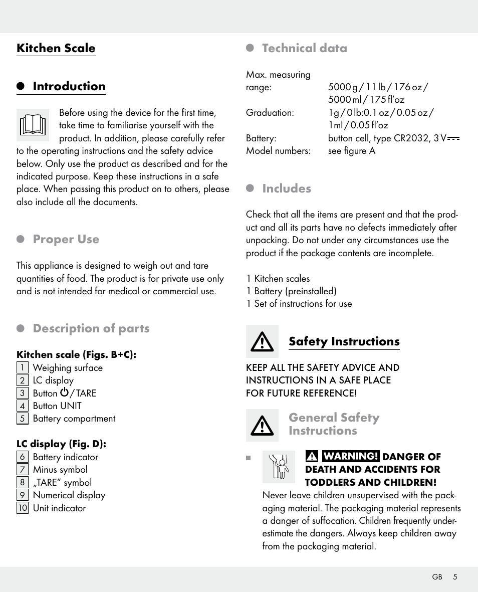 Kitchen scale introduction, Proper use, Description of parts | Technical data, Includes, Safety instructions, General safety instructions | Silvercrest 104357-14-0х User Manual | Page 5 / 40