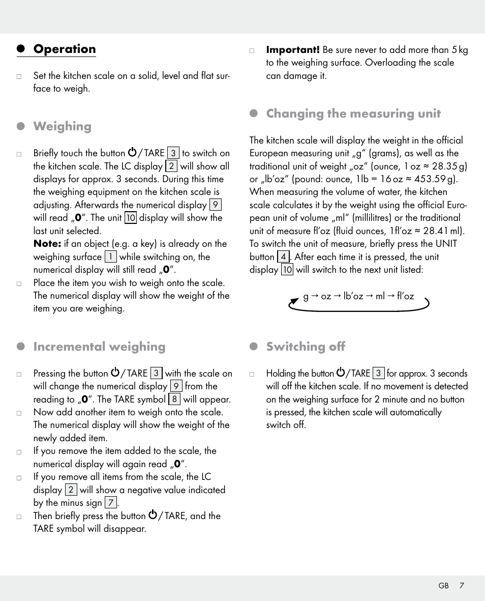 Operation, Weighing, Incremental weighing | Changing the measuring unit, Switching off | Silvercrest 104357-14-0х User Manual | Page 7 / 40