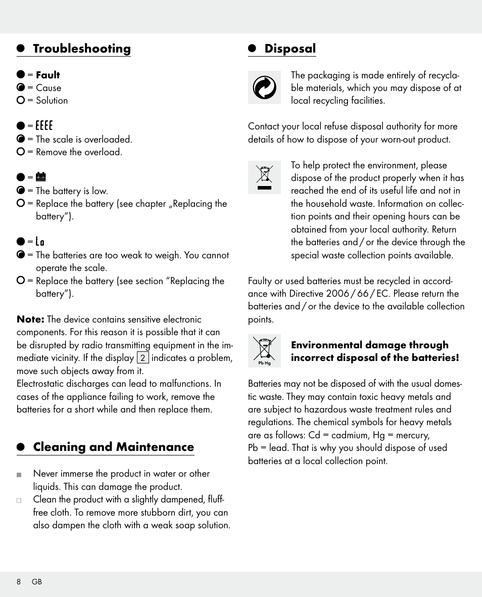 Troubleshooting, Cleaning and maintenance, Disposal | Silvercrest 104357-14-0х User Manual | Page 8 / 40