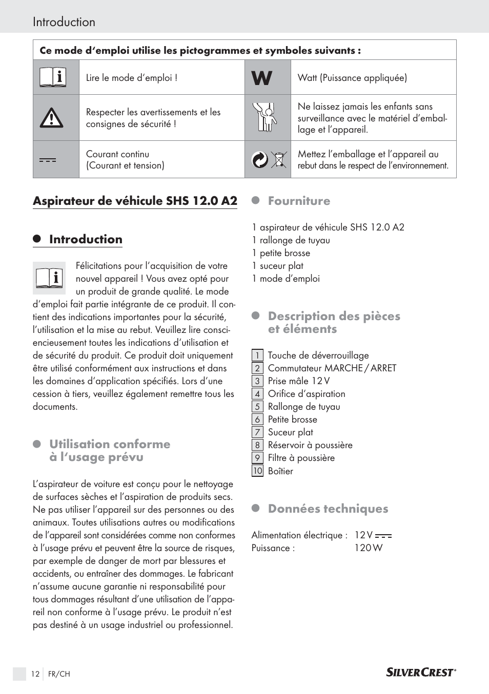 Introduction, Aspirateur de véhicule shs 12.0 a2, Utilisation conforme à l‘usage prévu | Fourniture, Description des pièces et éléments, Données techniques | Silvercrest SHS 12.0 A2 User Manual | Page 11 / 27