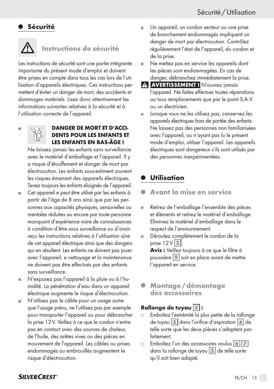 Sécurité / utilisation, Sécurité, Instructions de sécurité | Utilisation, Avant la mise en service, Montage / démontage des accessoires | Silvercrest SHS 12.0 A2 User Manual | Page 12 / 27