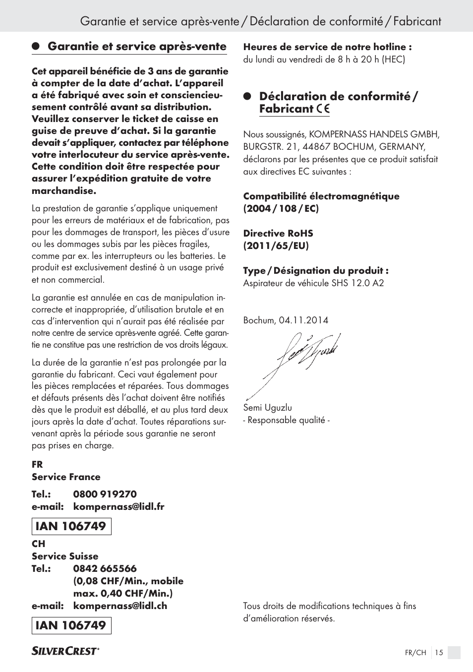 Garantie et service après-vente, Déclaration de conformité / fabricant | Silvercrest SHS 12.0 A2 User Manual | Page 14 / 27