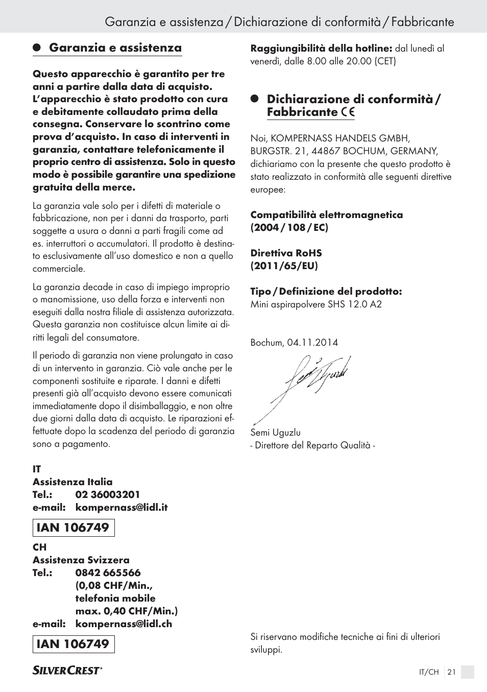 Garanzia e assistenza, Dichiarazione di conformità / fabbricante | Silvercrest SHS 12.0 A2 User Manual | Page 20 / 27