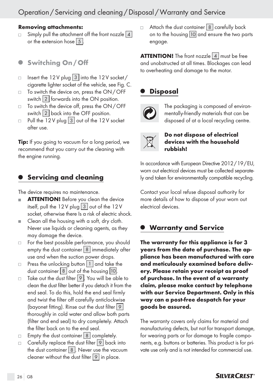 Switching on / oﬀ, Servicing and cleaning, Disposal | Warranty and service | Silvercrest SHS 12.0 A2 User Manual | Page 25 / 27