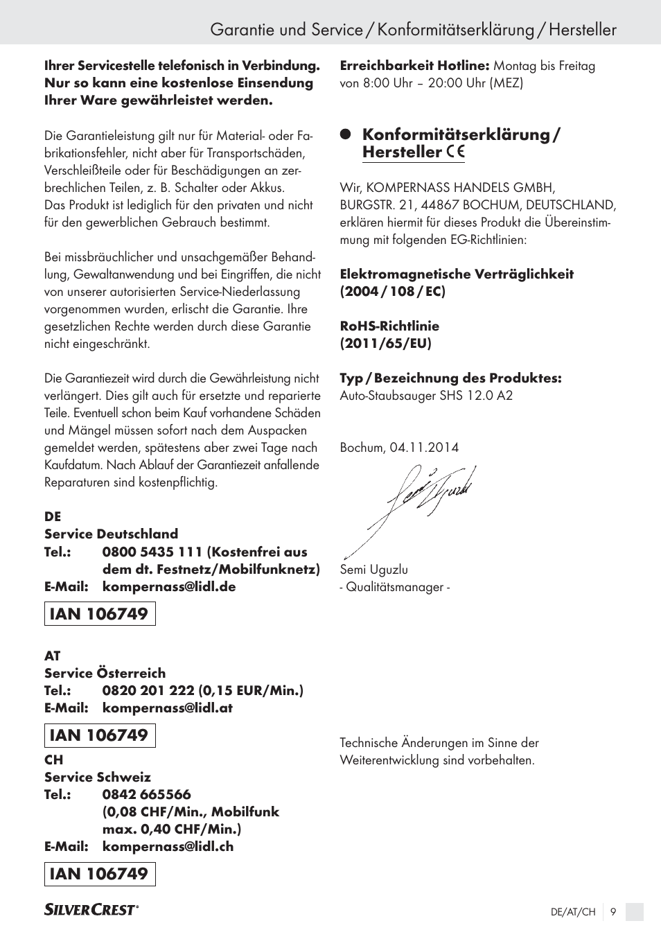 Konformitätserklärung / hersteller | Silvercrest SHS 12.0 A2 User Manual | Page 8 / 27