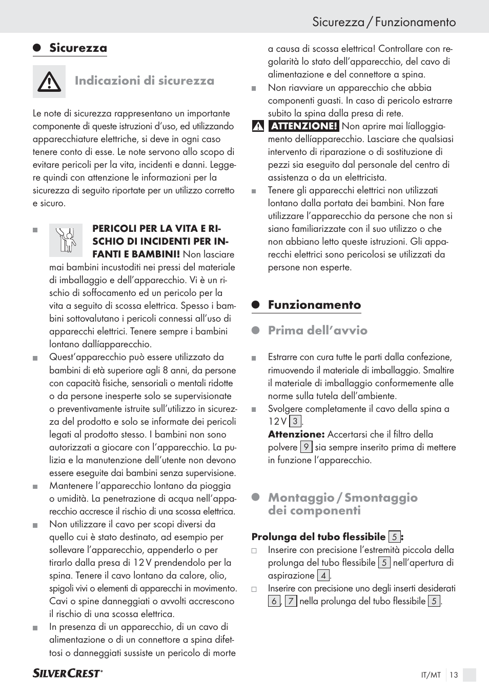 Sicurezza / funzionamento, Sicurezza, Indicazioni di sicurezza | Funzionamento, Prima dell’avvio, Montaggio / smontaggio dei componenti | Silvercrest SHS 12.0 A2 User Manual | Page 12 / 27