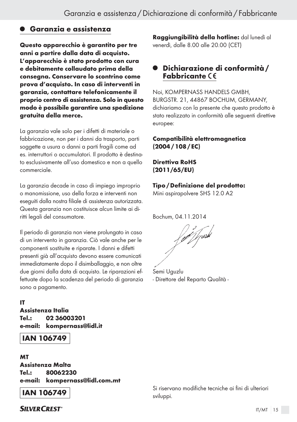 Garanzia e assistenza, Dichiarazione di conformità / fabbricante | Silvercrest SHS 12.0 A2 User Manual | Page 14 / 27