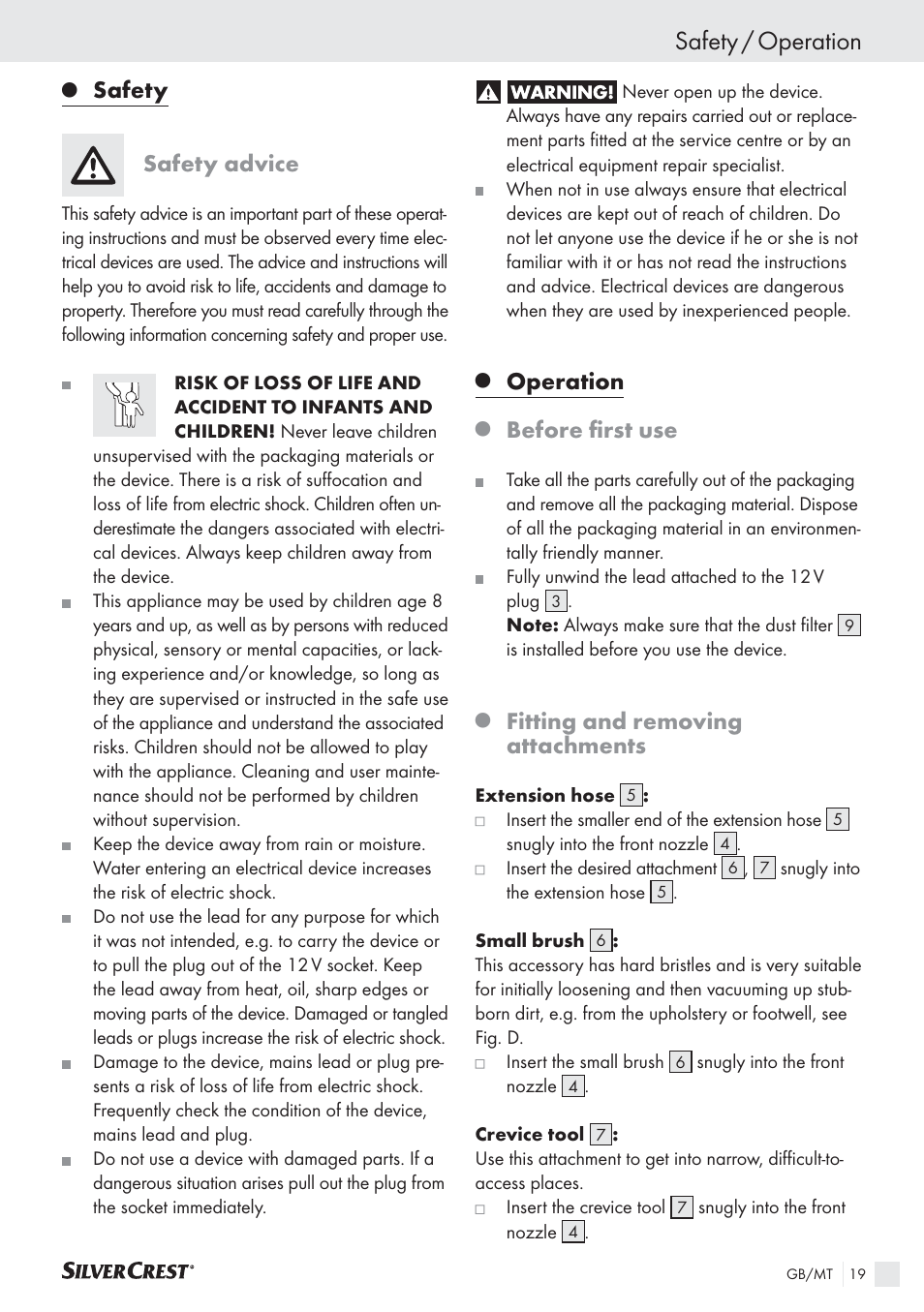 Safety / operation, Safety, Safety advice | Operation, Before ﬁrst use, Fitting and removing attachments | Silvercrest SHS 12.0 A2 User Manual | Page 18 / 27