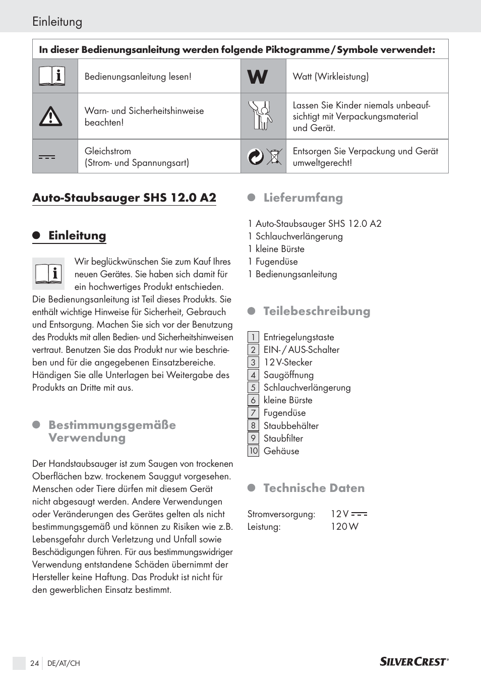 Auto-staubsauger shs 12.0 a2, Einleitung, Bestimmungsgemäße verwendung | Lieferumfang, Teilebeschreibung, Technische daten | Silvercrest SHS 12.0 A2 User Manual | Page 23 / 27