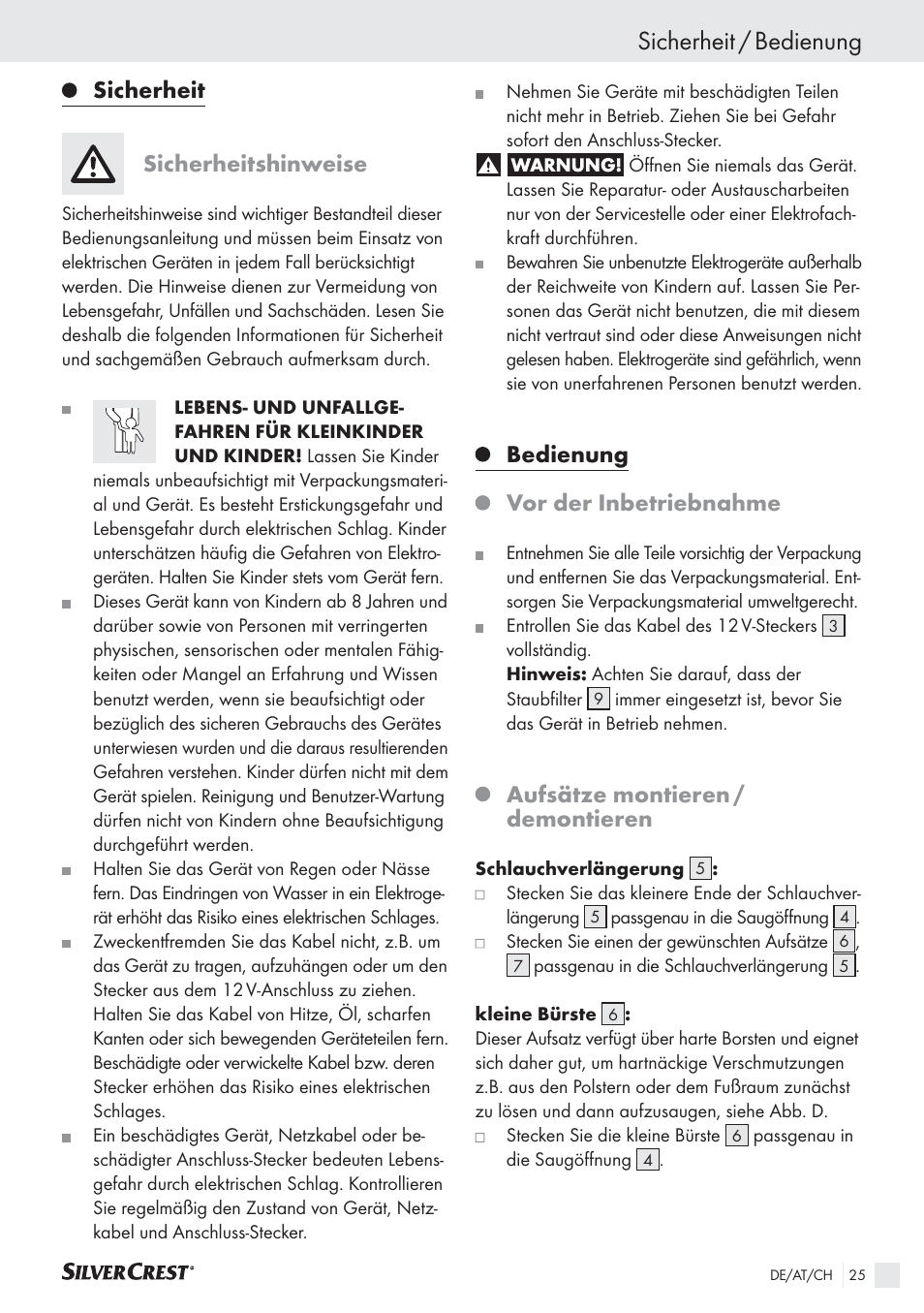 Sicherheit / bedienung, Sicherheit sicherheitshinweise, Bedienung | Vor der inbetriebnahme, Aufsätze montieren / demontieren | Silvercrest SHS 12.0 A2 User Manual | Page 24 / 27