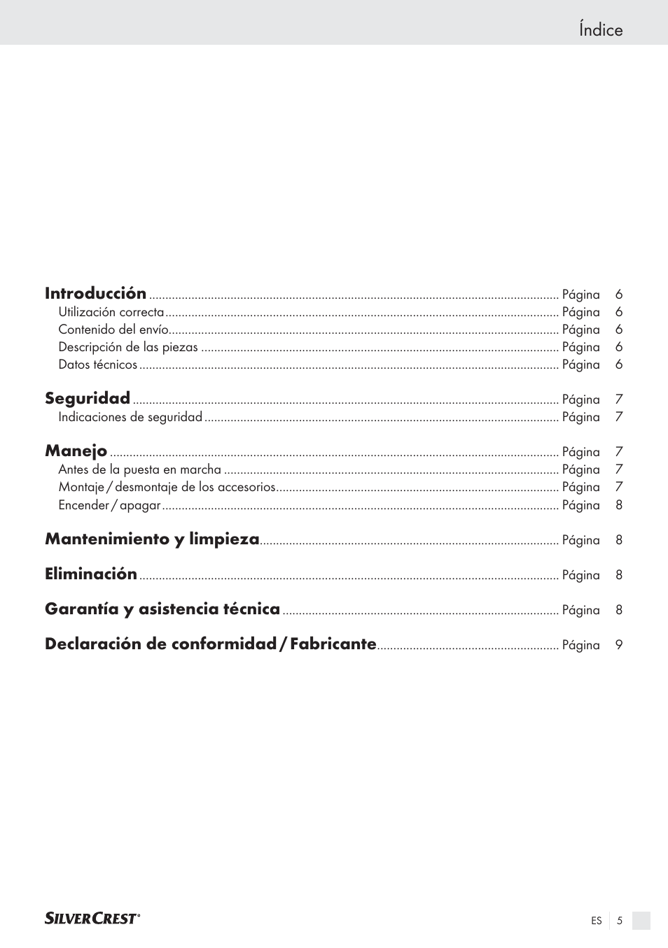 Índice, Introducción, Seguridad | Manejo, Mantenimiento y limpieza, Eliminación, Garantía y asistencia técnica, Declaración de conformidad / fabricante | Silvercrest SHS 12.0 A2 User Manual | Page 4 / 27