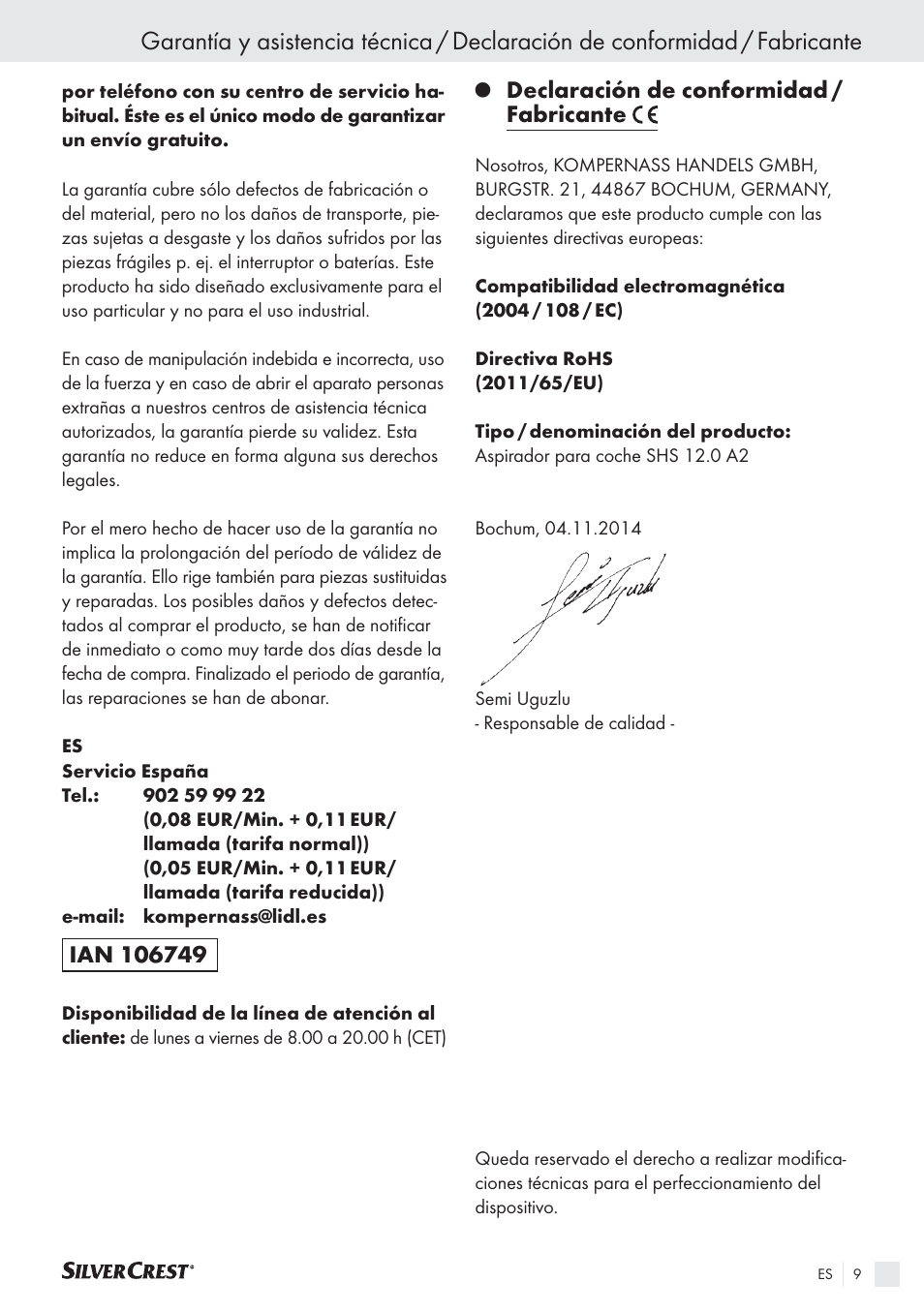 Declaración de conformidad / fabricante | Silvercrest SHS 12.0 A2 User Manual | Page 8 / 27