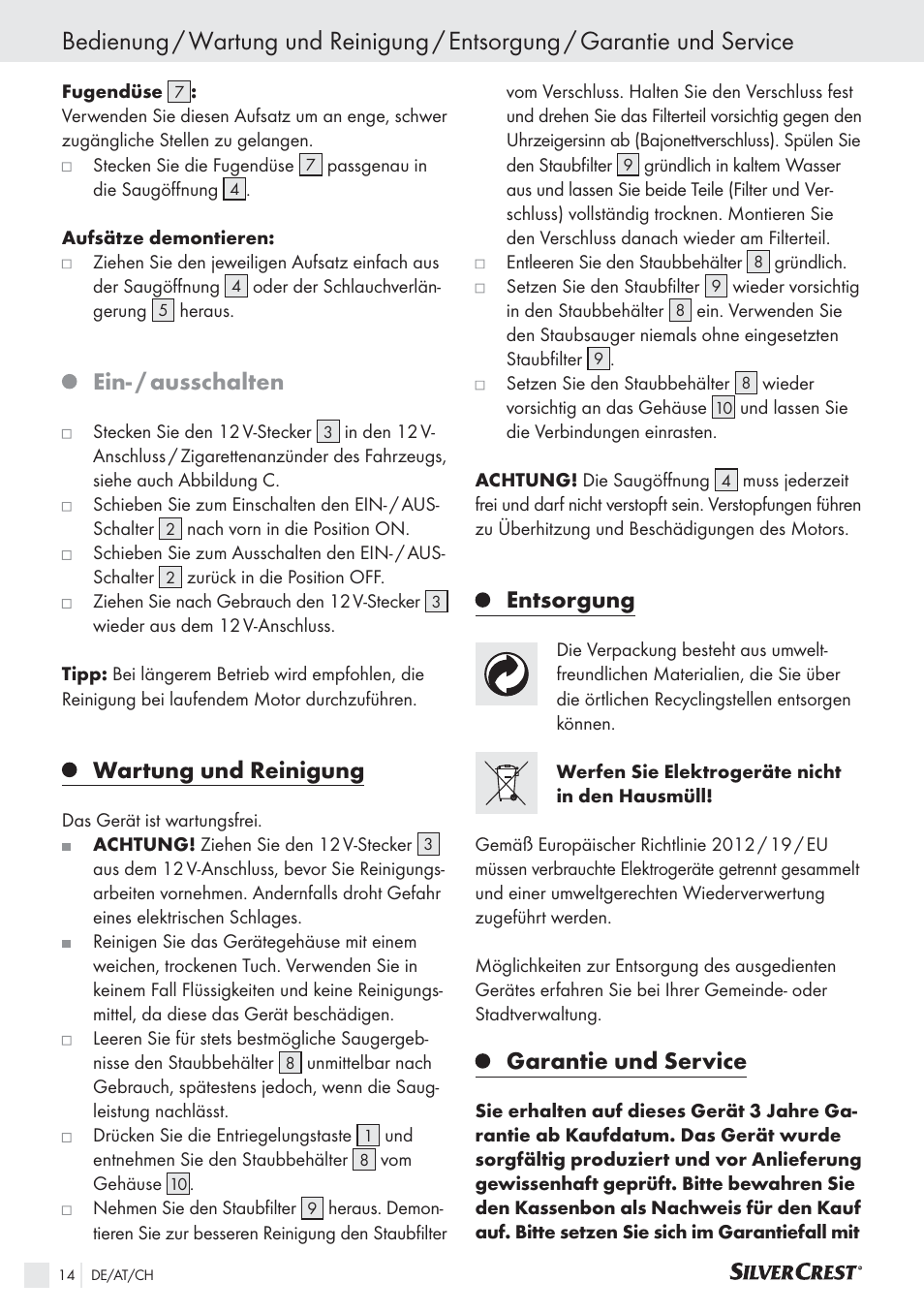 Ein- / ausschalten, Wartung und reinigung, Entsorgung | Garantie und service | Silvercrest SHS 12.0 A2 User Manual | Page 13 / 21