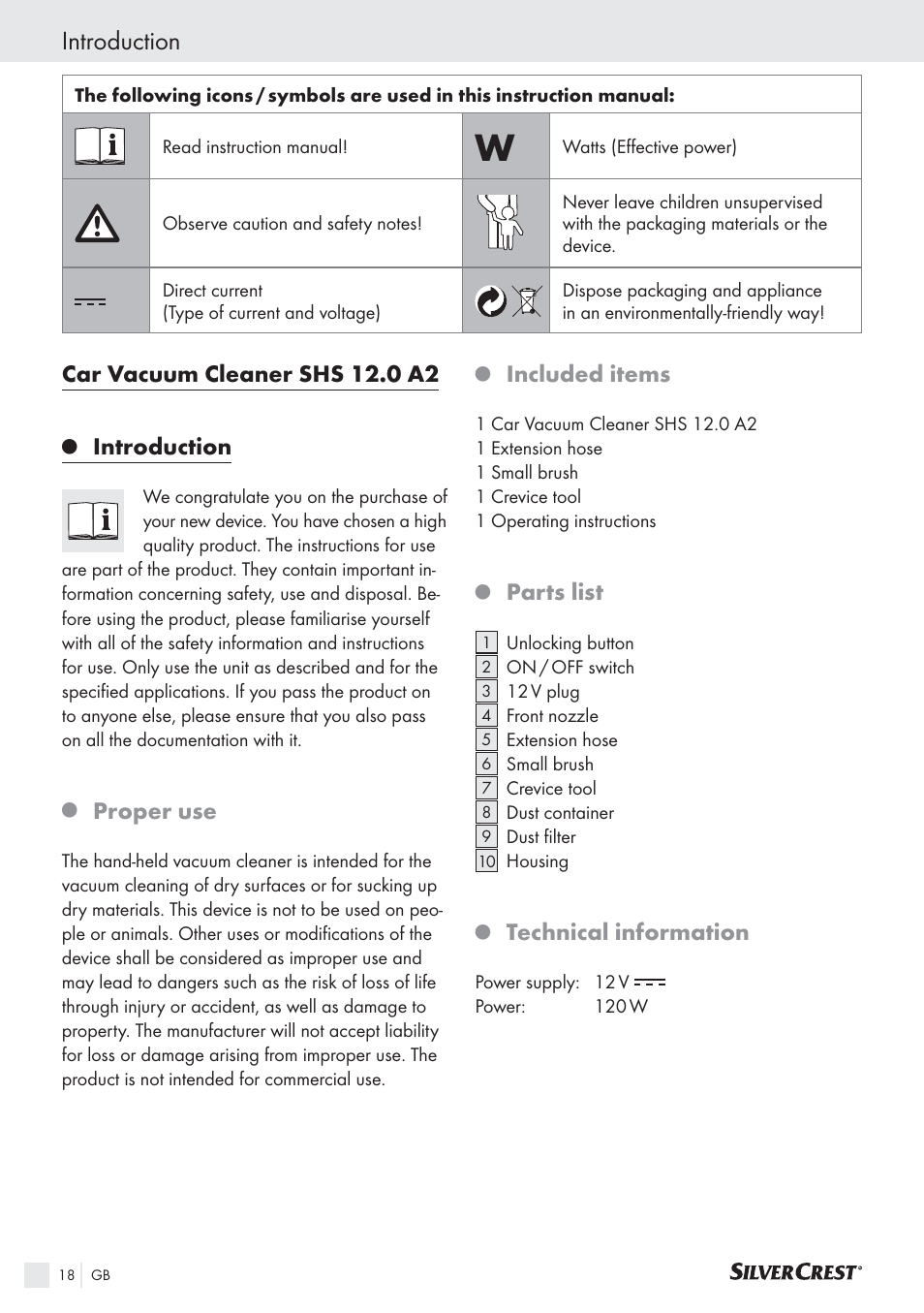 Car vacuum cleaner shs 12.0 a2, Introduction, Proper use | Included items, Parts list, Technical information | Silvercrest SHS 12.0 A2 User Manual | Page 17 / 21