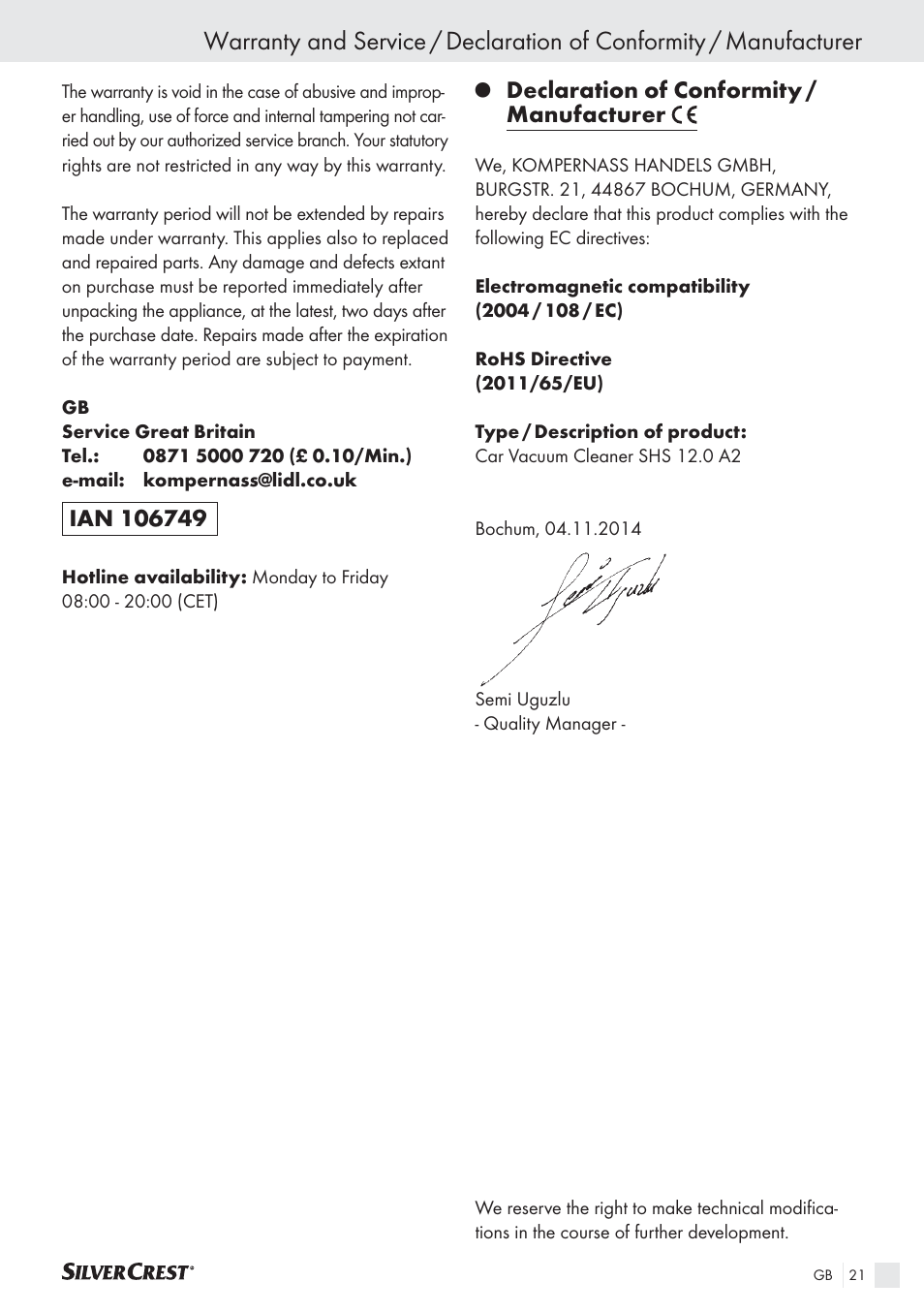 Declaration of conformity / manufacturer | Silvercrest SHS 12.0 A2 User Manual | Page 20 / 21