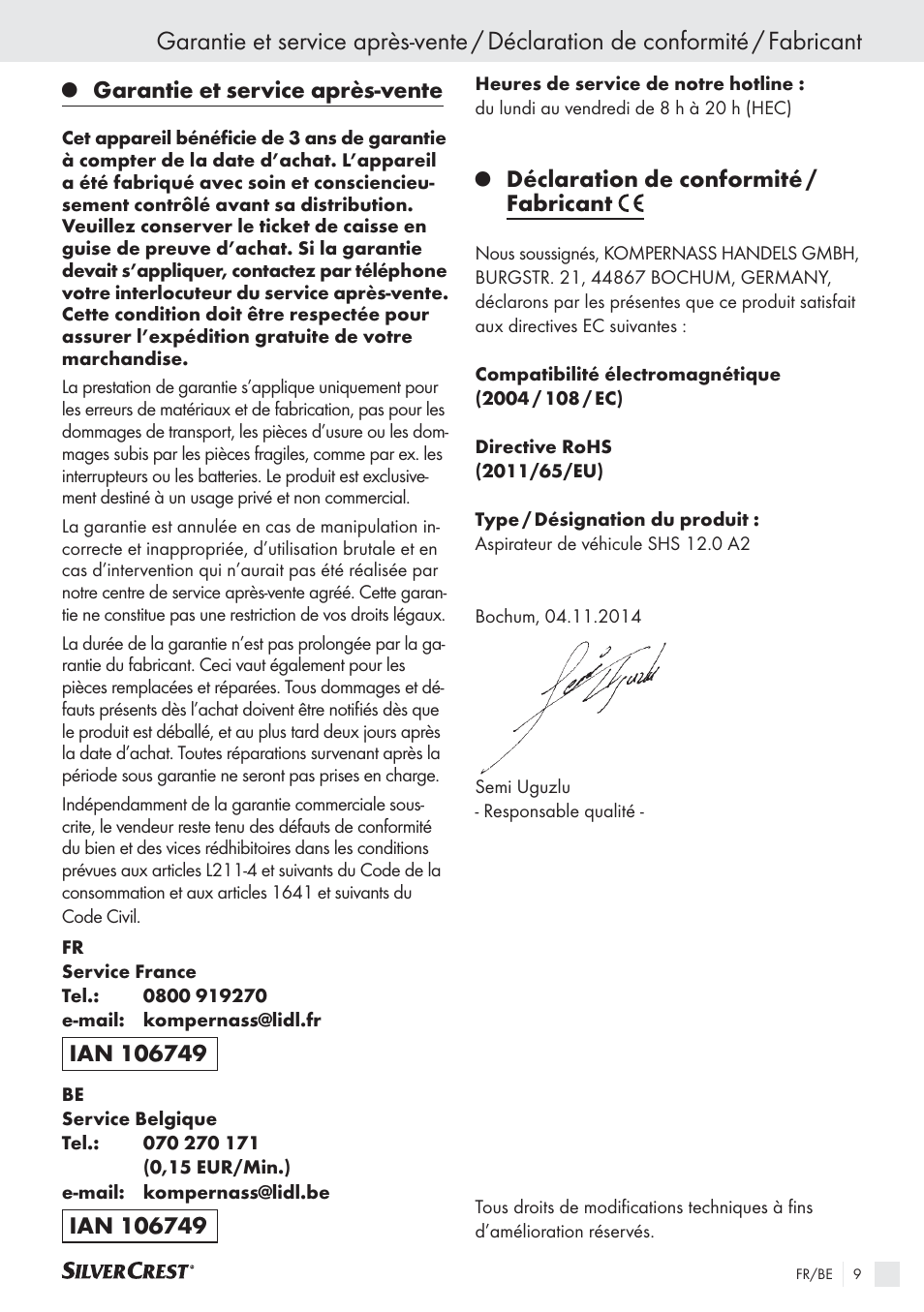 Garantie et service après-vente, Déclaration de conformité / fabricant | Silvercrest SHS 12.0 A2 User Manual | Page 8 / 21