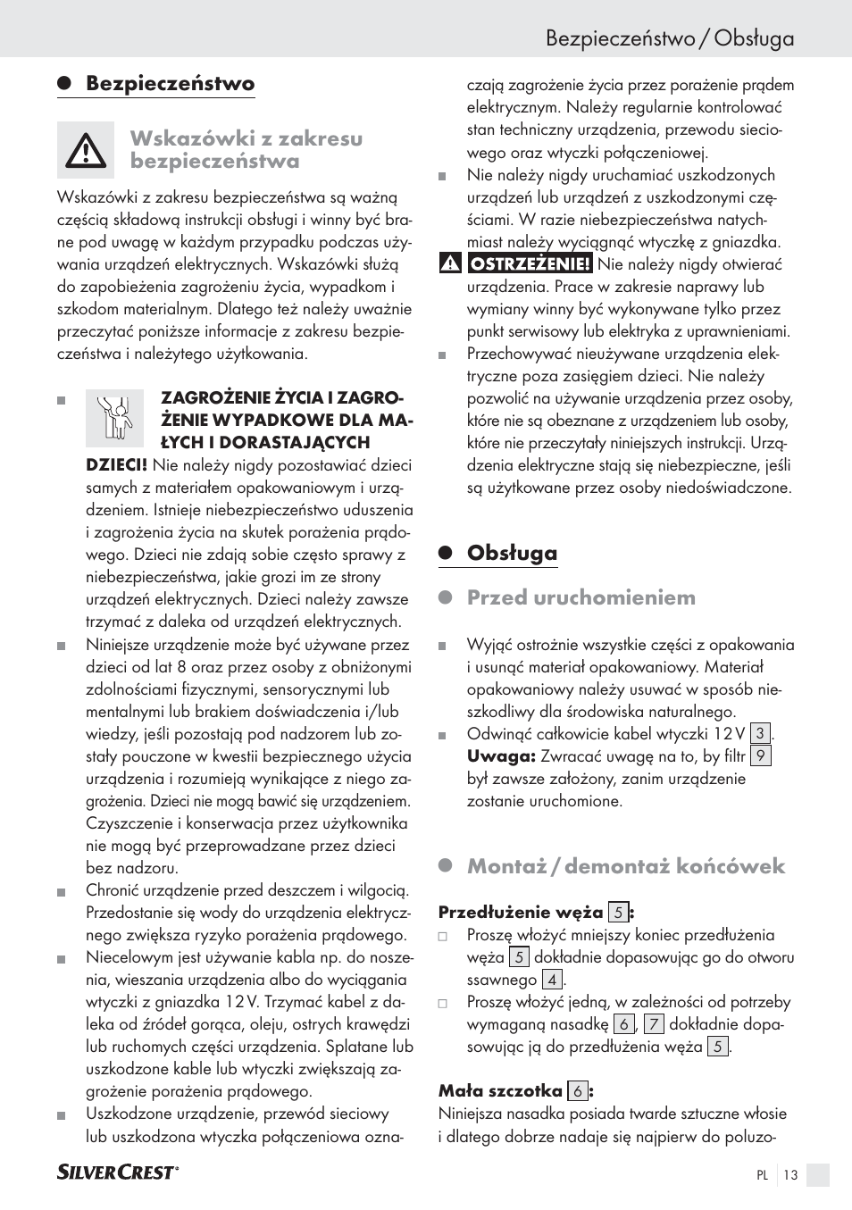 Bezpieczeństwo / obsługa, Bezpieczeństwo, Wskazówki z zakresu bezpieczeństwa | Obsługa, Przed uruchomieniem, Montaż / demontaż końcówek | Silvercrest SHS 12.0 A2 User Manual | Page 12 / 45
