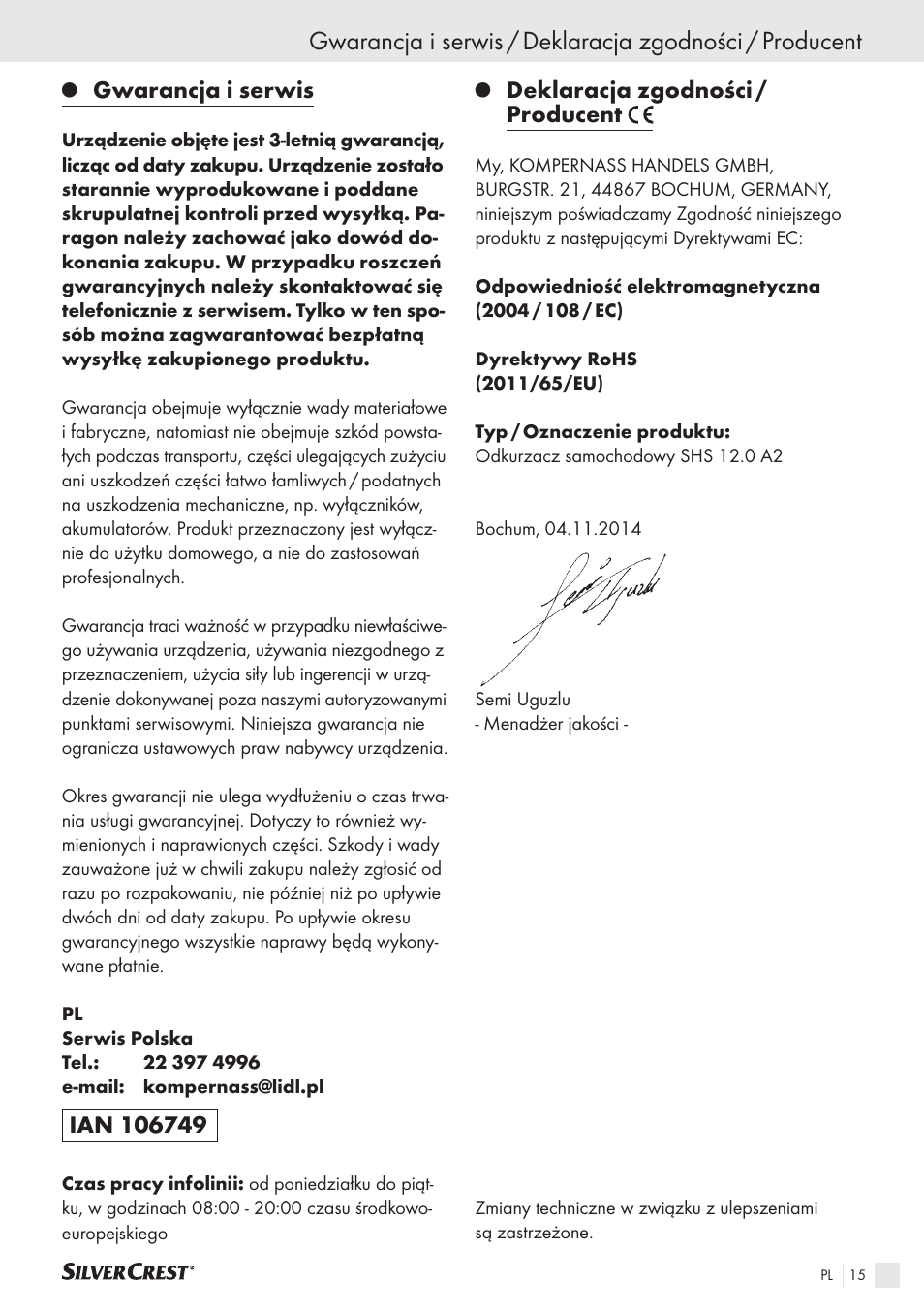 Gwarancja i serwis, Deklaracja zgodności / producent | Silvercrest SHS 12.0 A2 User Manual | Page 14 / 45