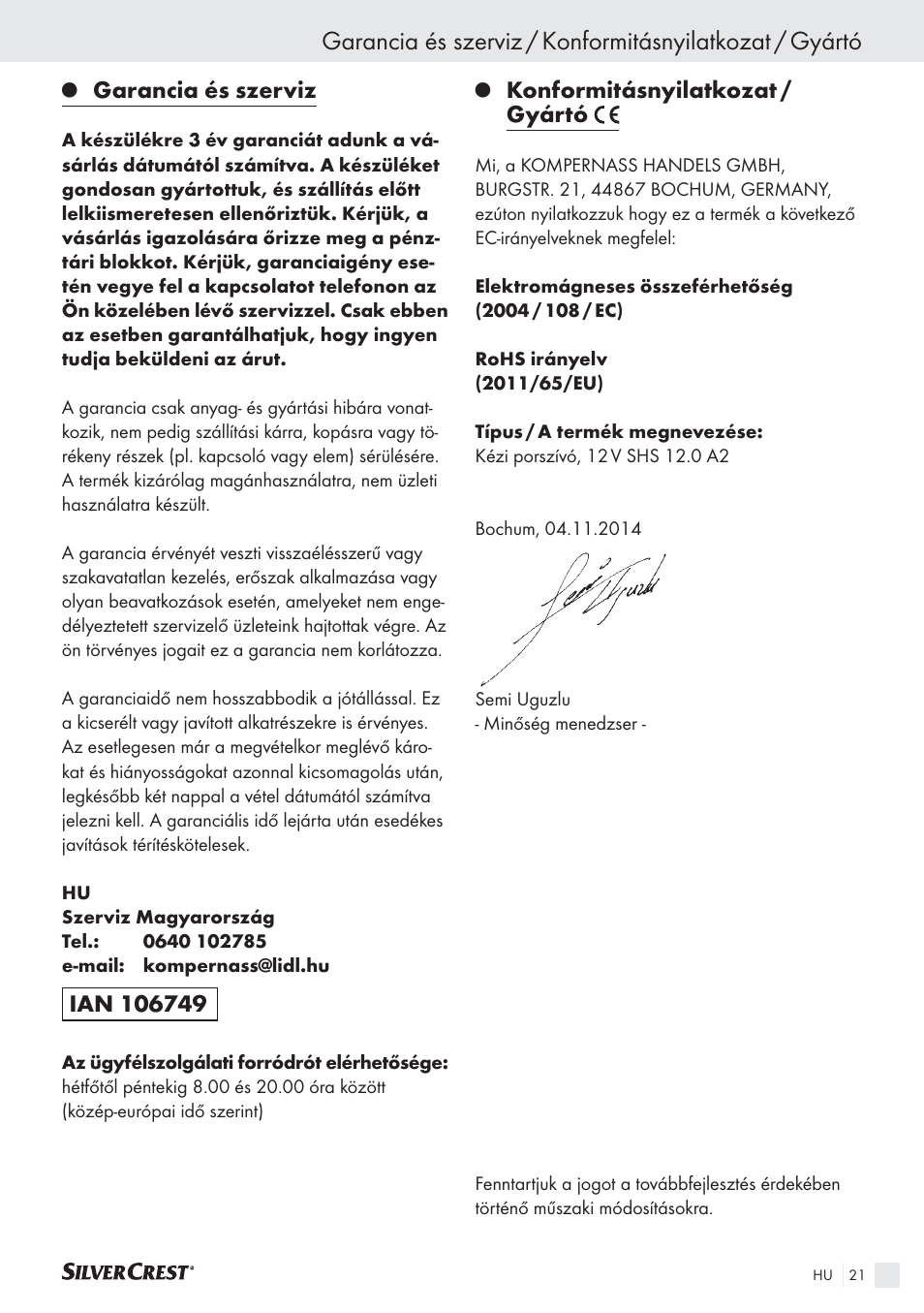 Garancia és szerviz, Konformitásnyilatkozat / gyártó | Silvercrest SHS 12.0 A2 User Manual | Page 20 / 45