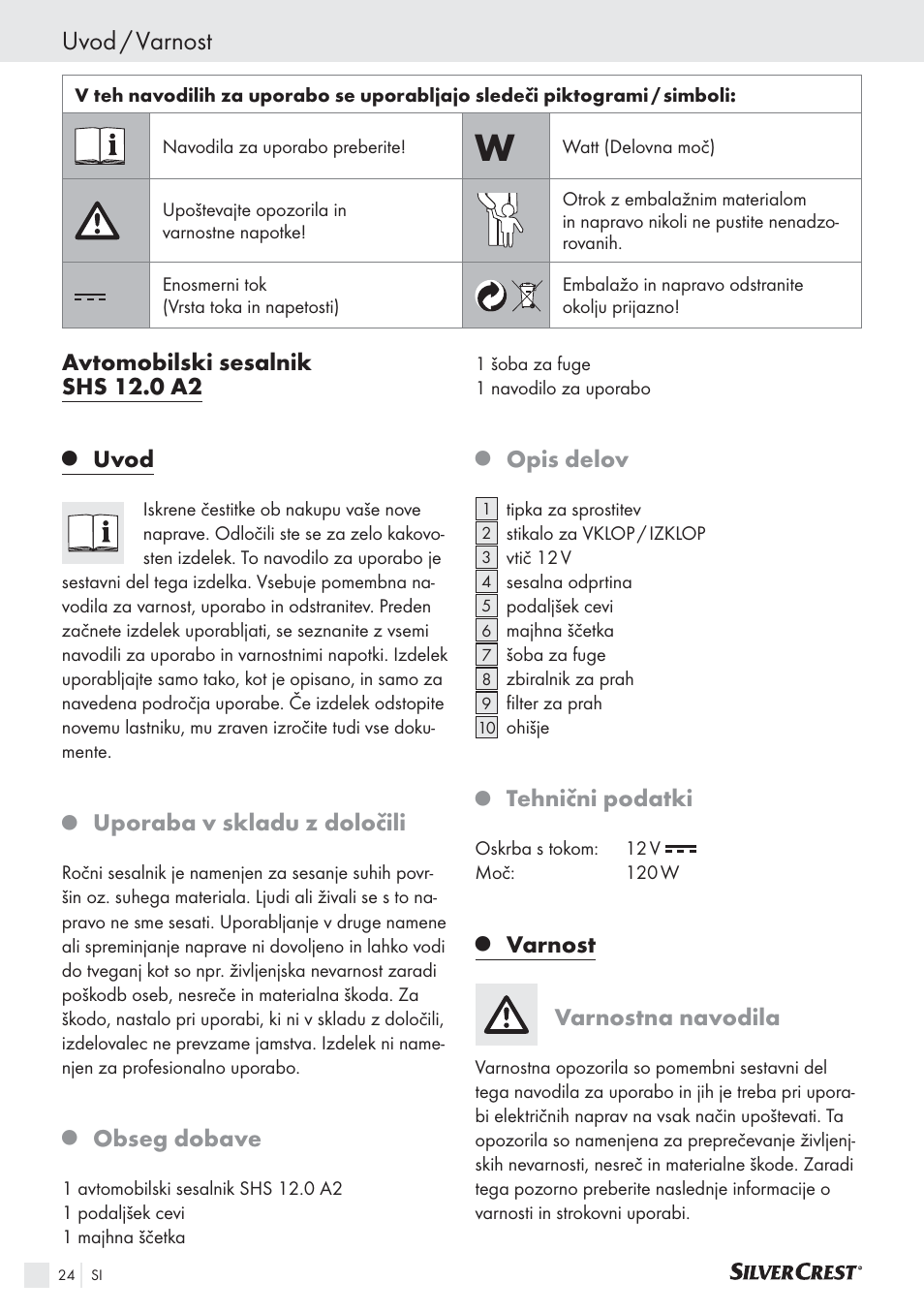 Uvod / varnost, Avtomobilski sesalnik shs 12.0 a2, Uvod | Uporaba v skladu z določili, Obseg dobave, Opis delov, Tehnični podatki, Varnost, Varnostna navodila | Silvercrest SHS 12.0 A2 User Manual | Page 23 / 45