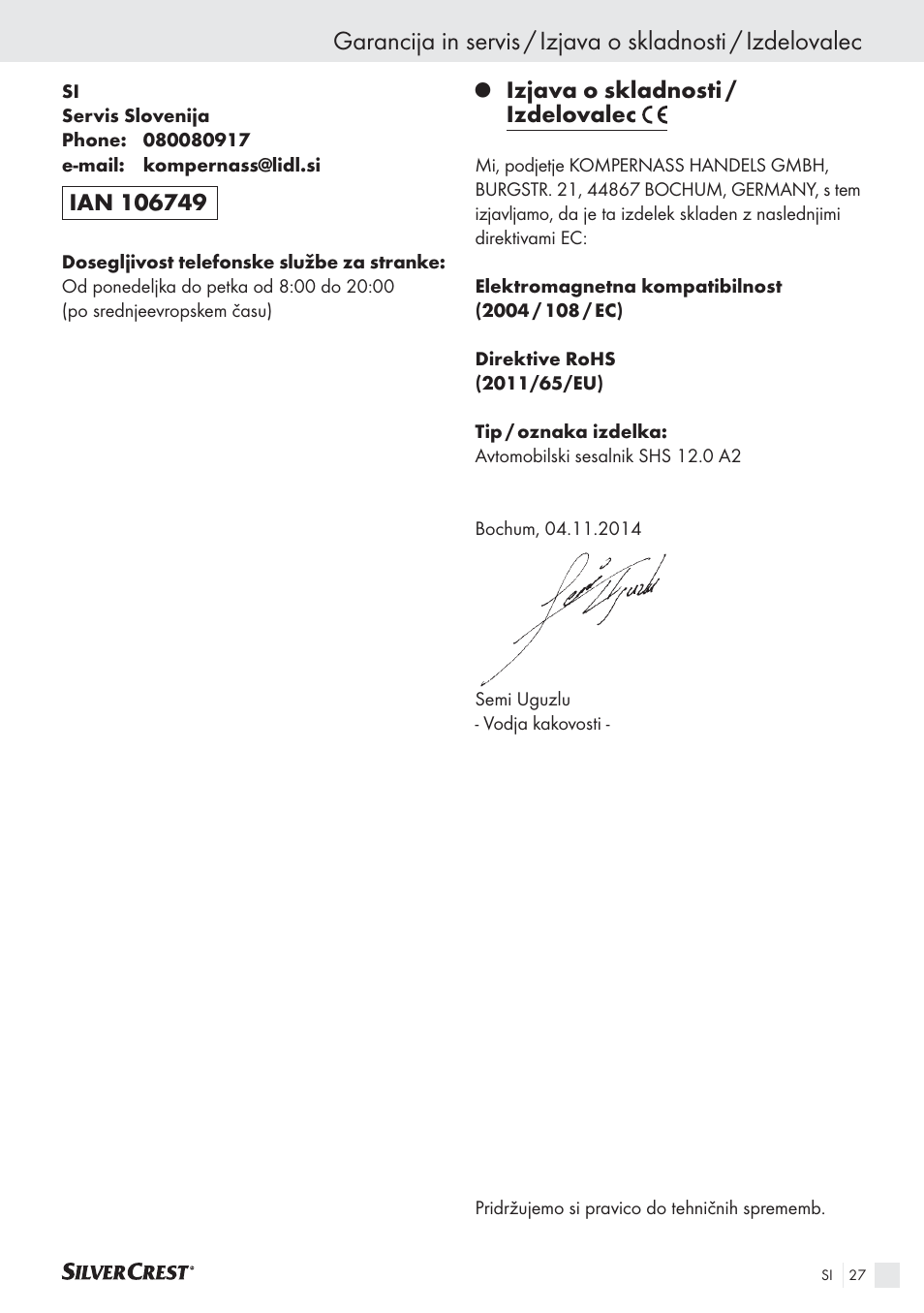 Izjava o skladnosti / izdelovalec | Silvercrest SHS 12.0 A2 User Manual | Page 26 / 45