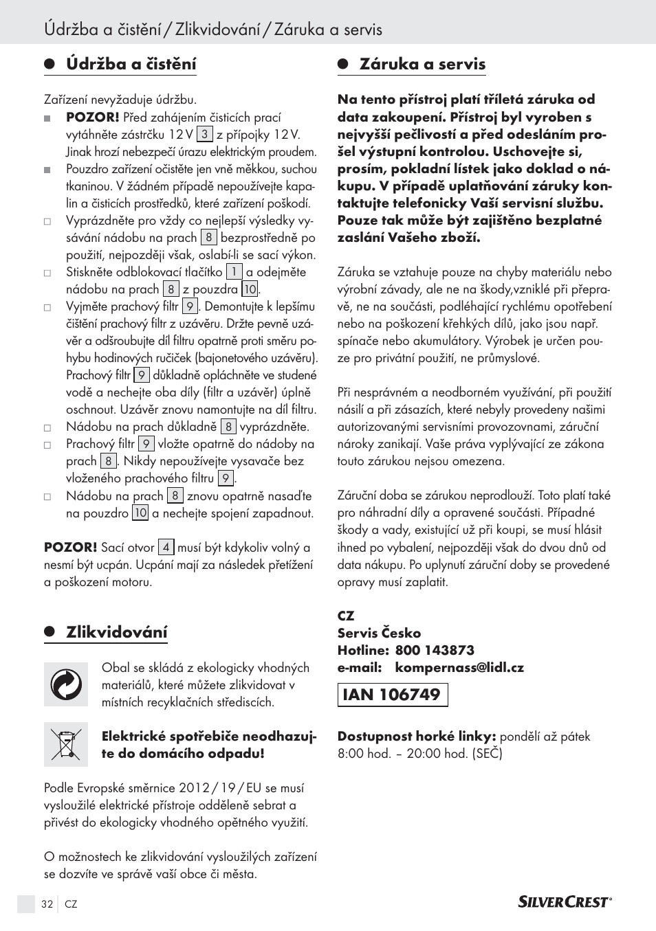 Údržba a čistění / zlikvidování / záruka a servis, Údržba a čistění, Zlikvidování | Záruka a servis | Silvercrest SHS 12.0 A2 User Manual | Page 31 / 45