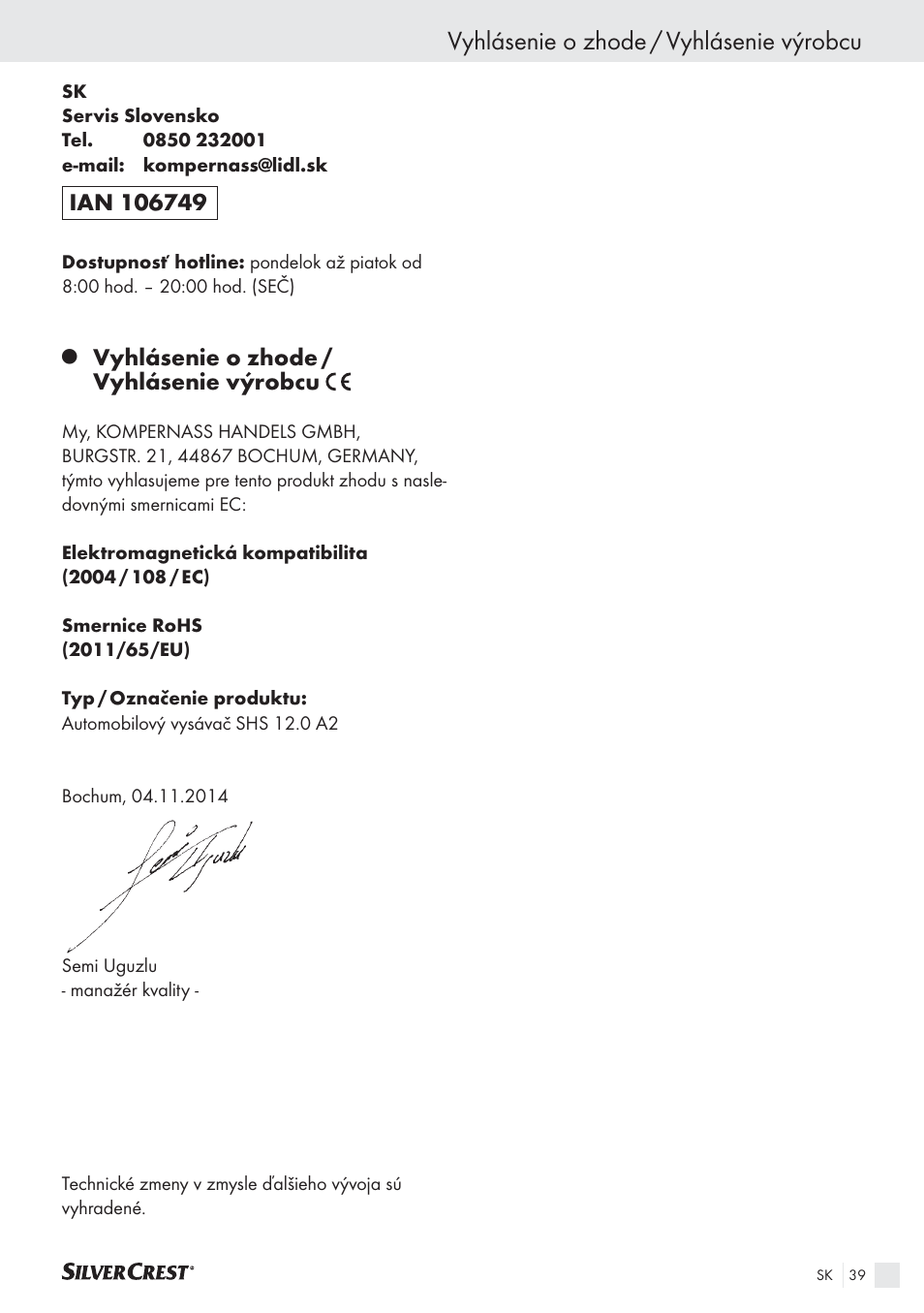 Vyhlásenie o zhode / vyhlásenie výrobcu | Silvercrest SHS 12.0 A2 User Manual | Page 38 / 45