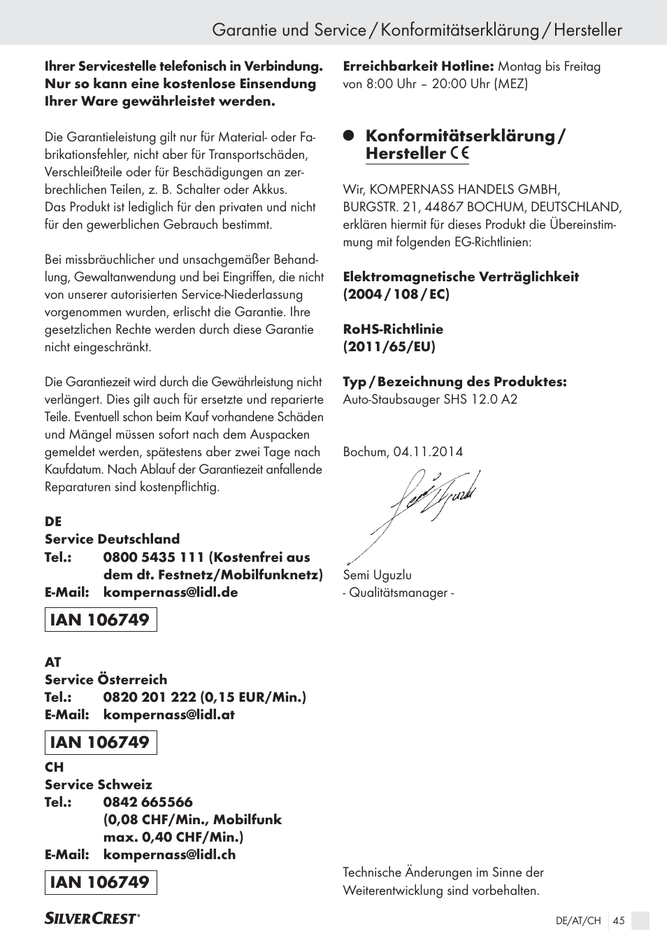 Konformitätserklärung / hersteller | Silvercrest SHS 12.0 A2 User Manual | Page 44 / 45