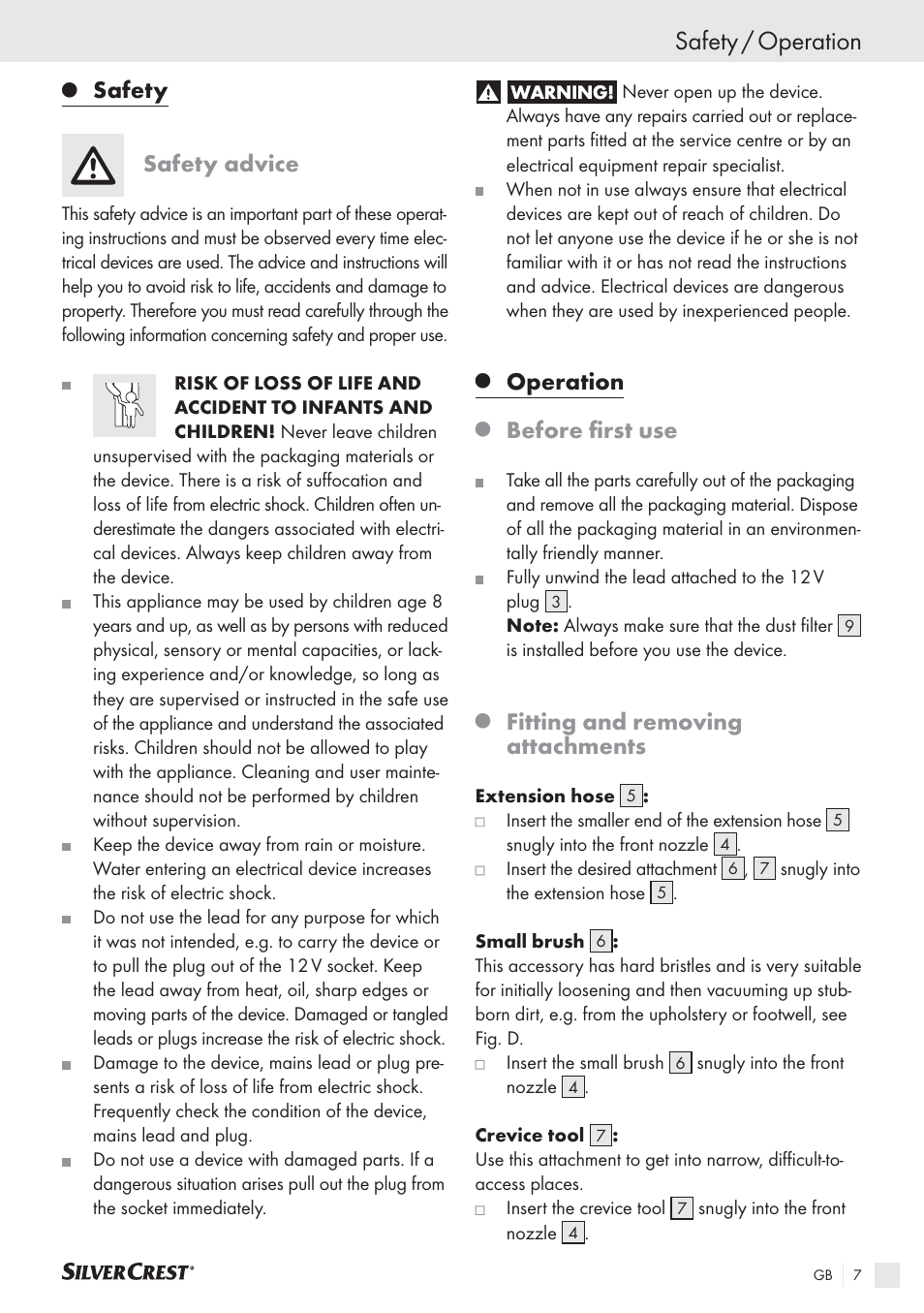 Safety / operation, Safety, Safety advice | Operation, Before ﬁrst use, Fitting and removing attachments | Silvercrest SHS 12.0 A2 User Manual | Page 6 / 45