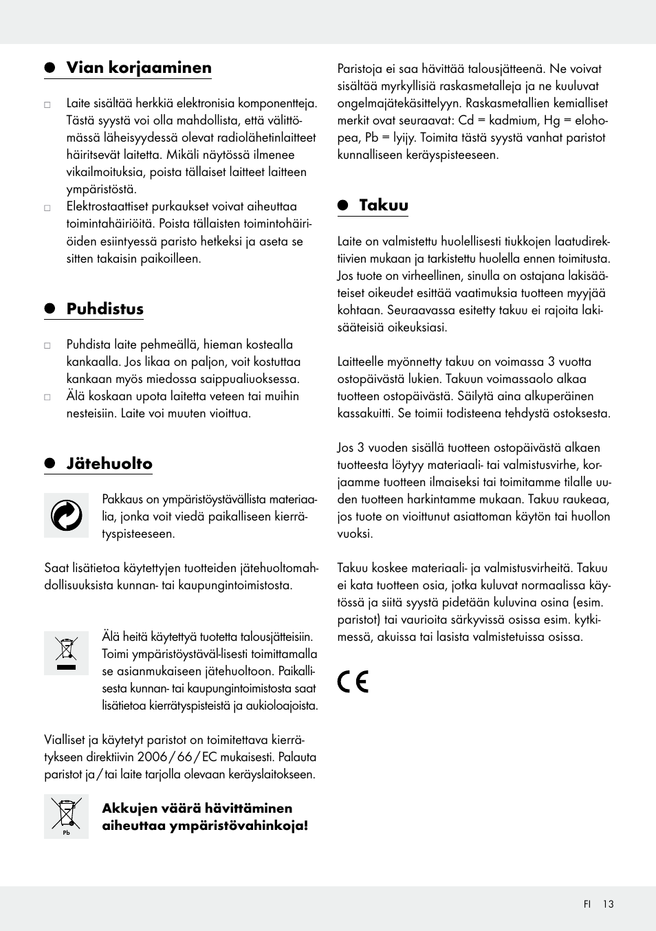 Vian korjaaminen, Puhdistus, Jätehuolto | Takuu | Silvercrest 109650-14-01/109650-14-02 User Manual | Page 13 / 37