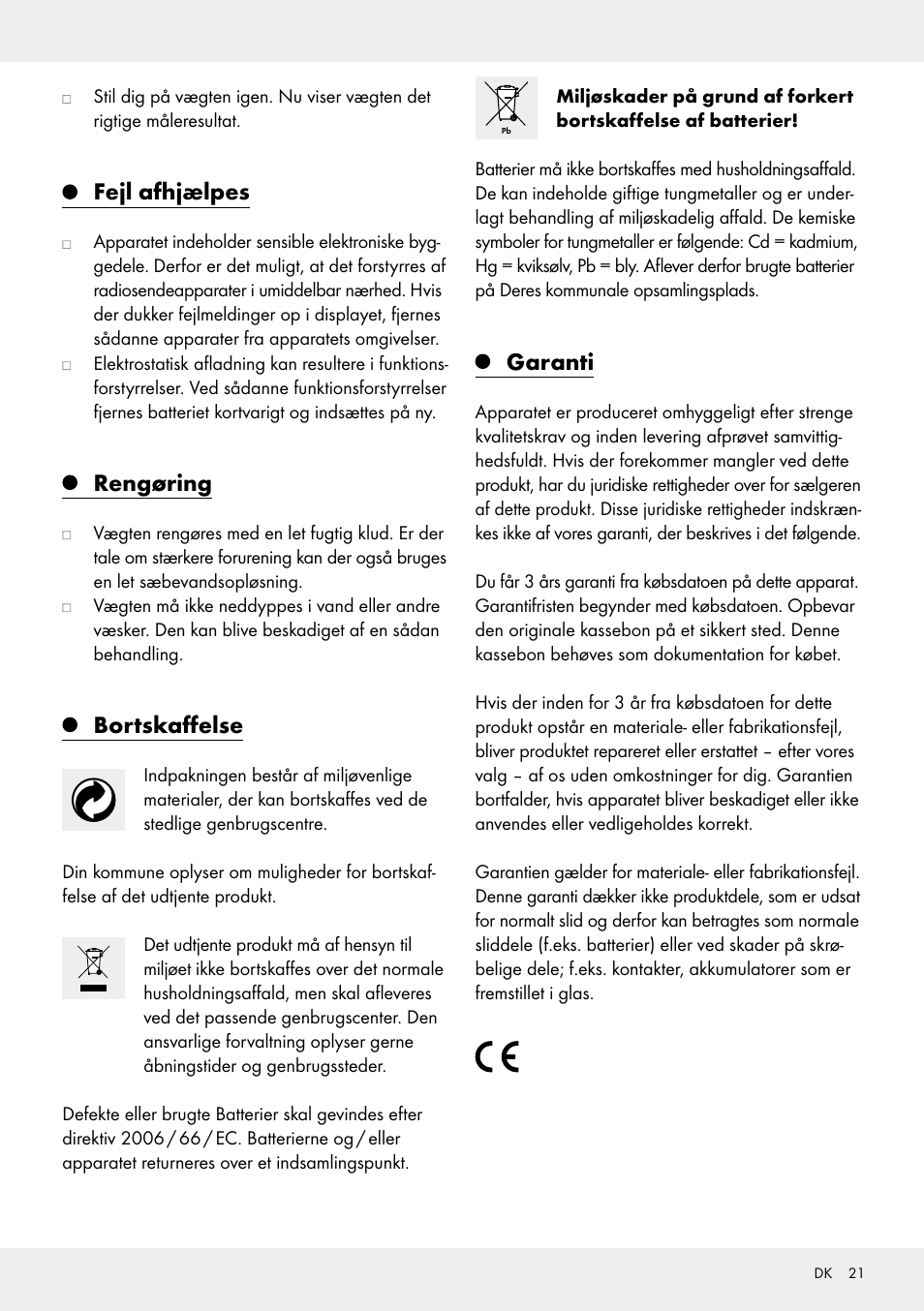 Fejl afhjælpes, Rengøring, Bortskaffelse | Garanti | Silvercrest 109650-14-01/109650-14-02 User Manual | Page 21 / 37