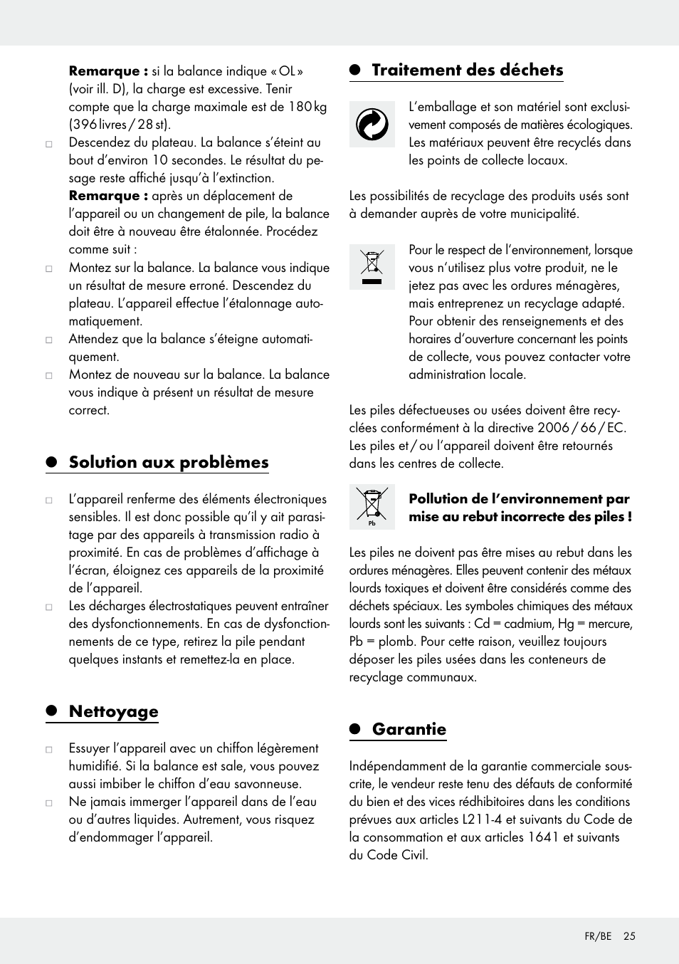 Solution aux problèmes, Nettoyage, Traitement des déchets | Garantie | Silvercrest 109650-14-01/109650-14-02 User Manual | Page 25 / 37