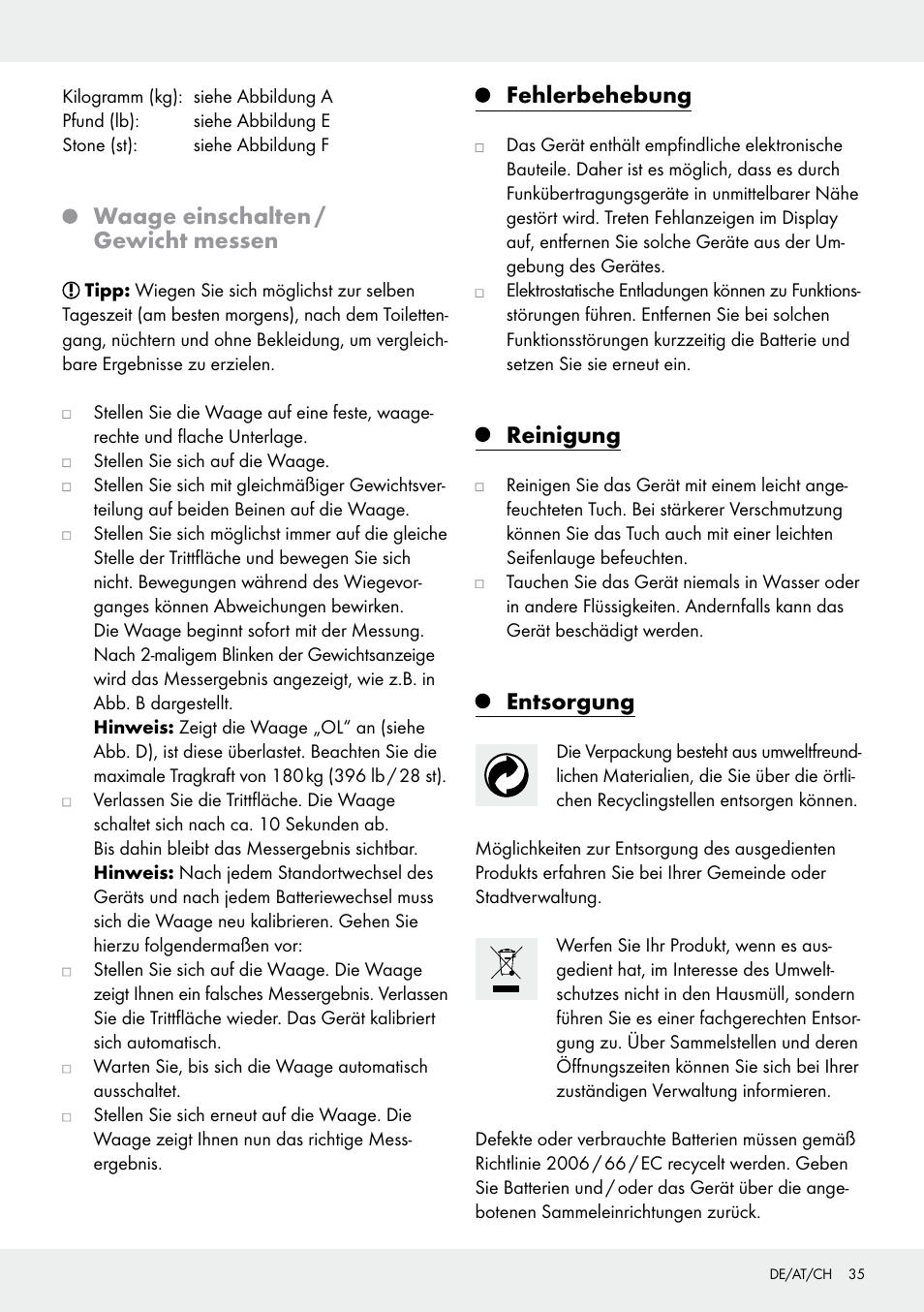 Waage einschalten / gewicht messen, Fehlerbehebung, Reinigung | Entsorgung | Silvercrest 109650-14-01/109650-14-02 User Manual | Page 35 / 37
