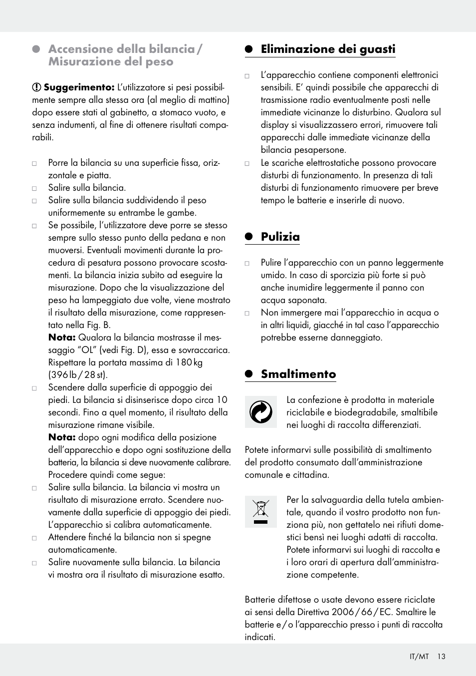 Accensione della bilancia / misurazione del peso, Eliminazione dei guasti, Pulizia | Smaltimento | Silvercrest 109650-14-01/109650-14-02 User Manual | Page 13 / 30