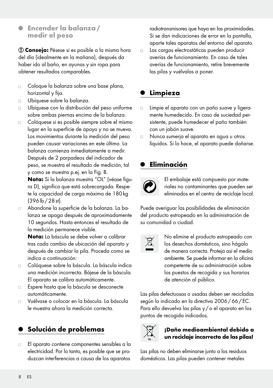 Encender la balanza / medir el peso, Solución de problemas, Limpieza | Eliminación | Silvercrest 109650-14-01/109650-14-02 User Manual | Page 8 / 30