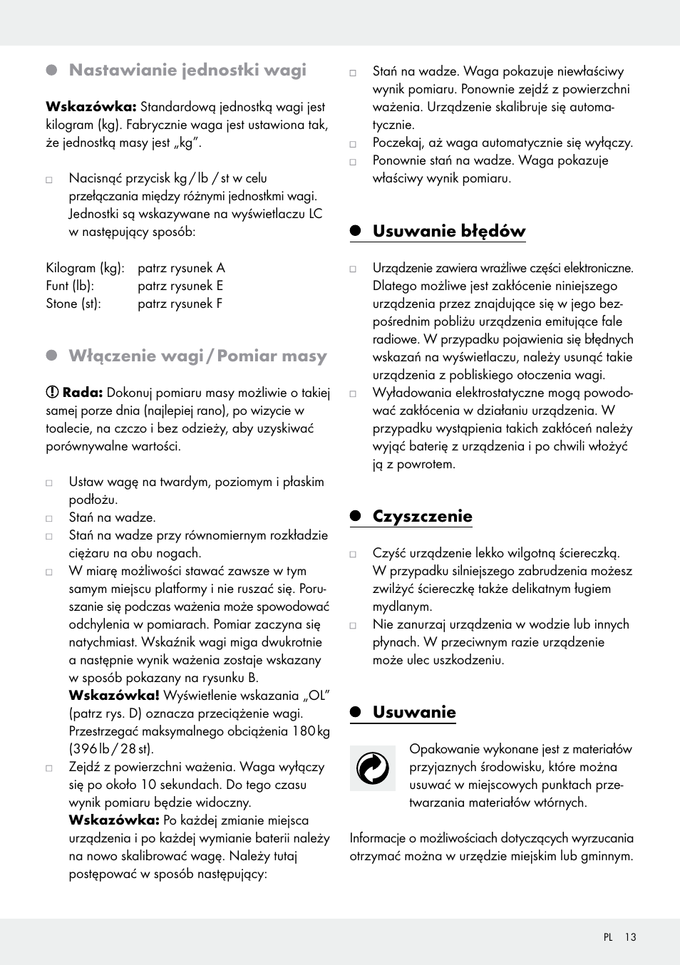 Nastawianie jednostki wagi, Włączenie wagi / pomiar masy, Usuwanie błędów | Czyszczenie, Usuwanie | Silvercrest 109650-14-01/109650-14-02 User Manual | Page 13 / 38