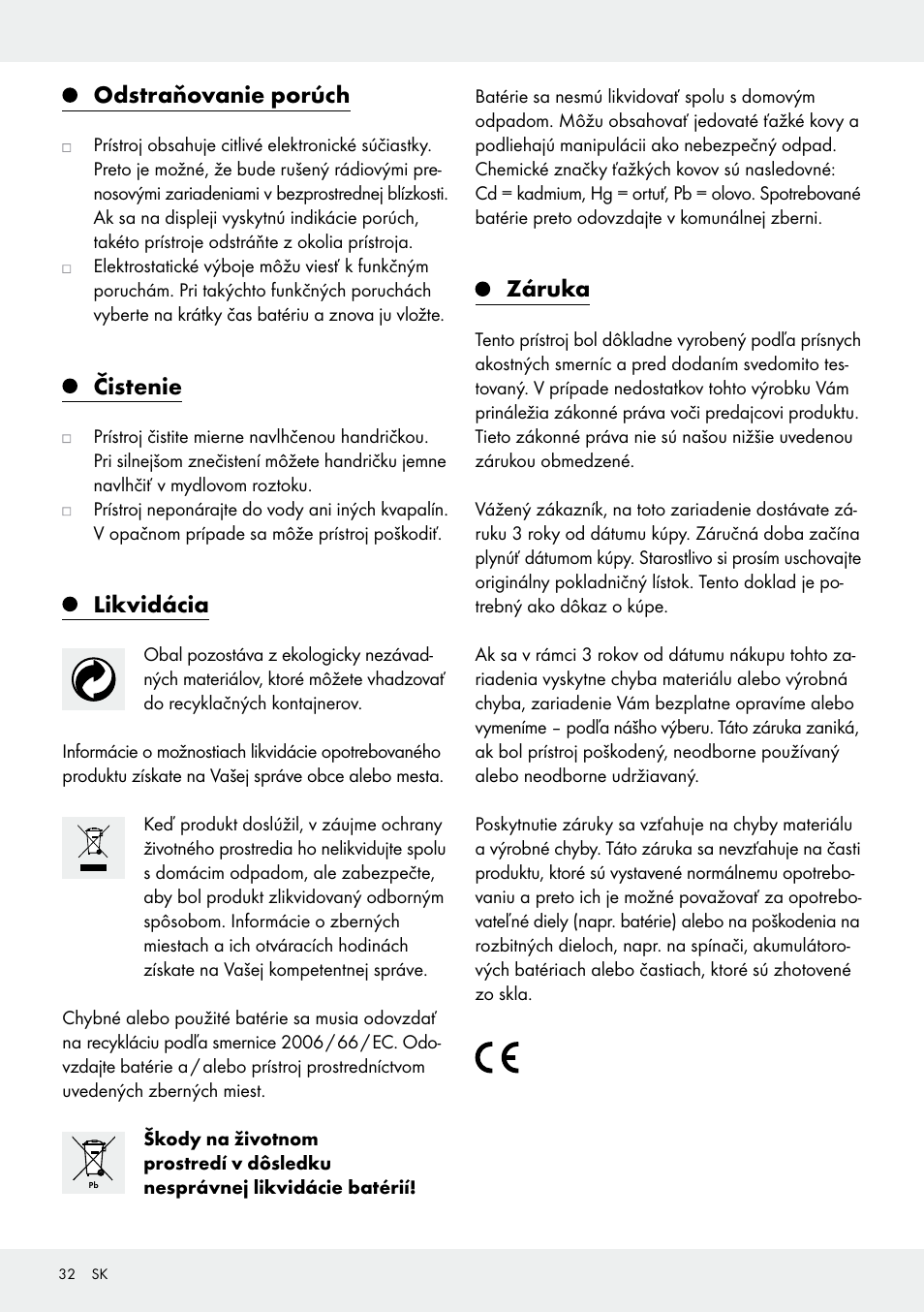 Odstraňovanie porúch, Čistenie, Likvidácia | Záruka | Silvercrest 109650-14-01/109650-14-02 User Manual | Page 32 / 38