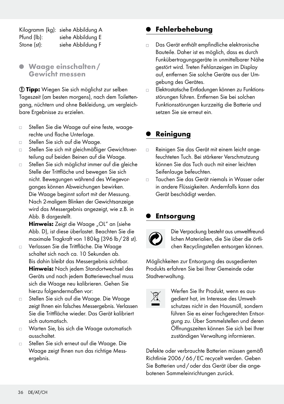 Waage einschalten / gewicht messen, Fehlerbehebung, Reinigung | Entsorgung | Silvercrest 109650-14-01/109650-14-02 User Manual | Page 36 / 38