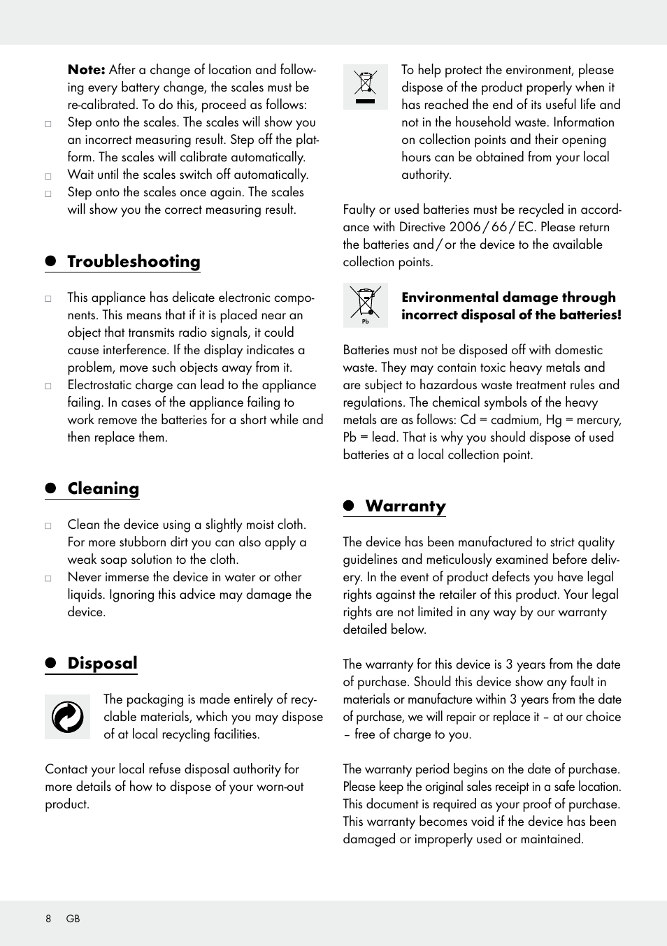 Troubleshooting, Cleaning, Disposal | Warranty | Silvercrest 109650-14-01/109650-14-02 User Manual | Page 8 / 38