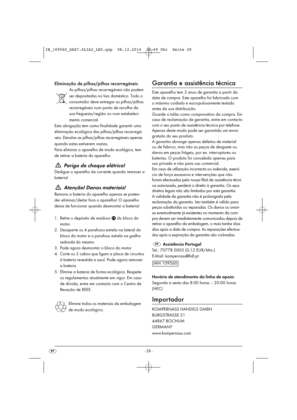 Garantia e assistência técnica, Importador, Perigo de choque elétrico | Atenção! danos materiais | Silvercrest ASPIRADOR DE MANO CON BATERÍA DE IONES DE LITIO MINI ASPIRAPOLVERE/LIQUIDI RICARICABILE SAS 7.4 LI A2 User Manual | Page 31 / 51