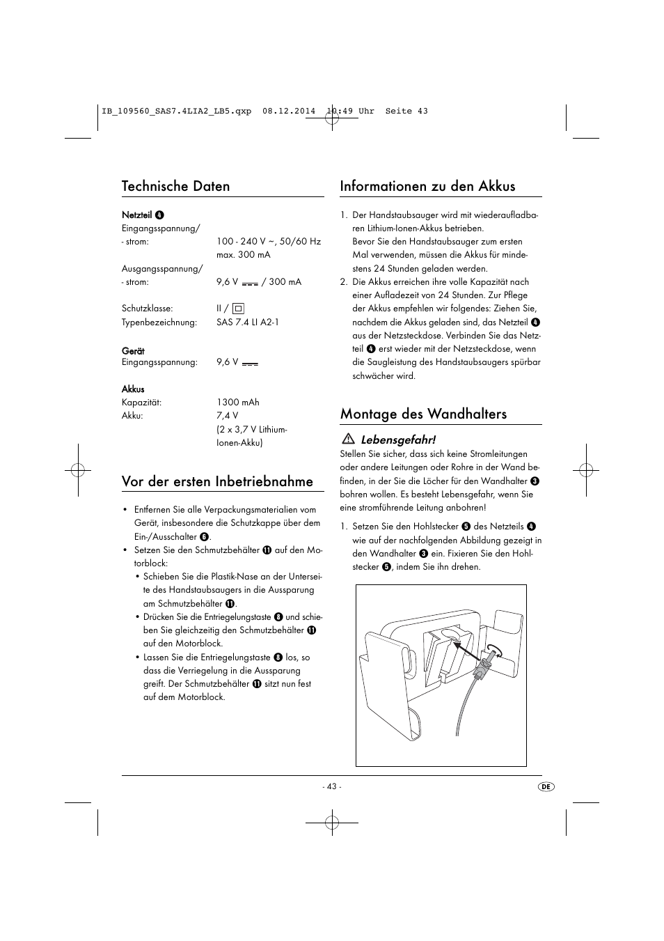 Technische daten, Vor der ersten inbetriebnahme, Informationen zu den akkus | Montage des wandhalters, Lebensgefahr | Silvercrest ASPIRADOR DE MANO CON BATERÍA DE IONES DE LITIO MINI ASPIRAPOLVERE/LIQUIDI RICARICABILE SAS 7.4 LI A2 User Manual | Page 46 / 51