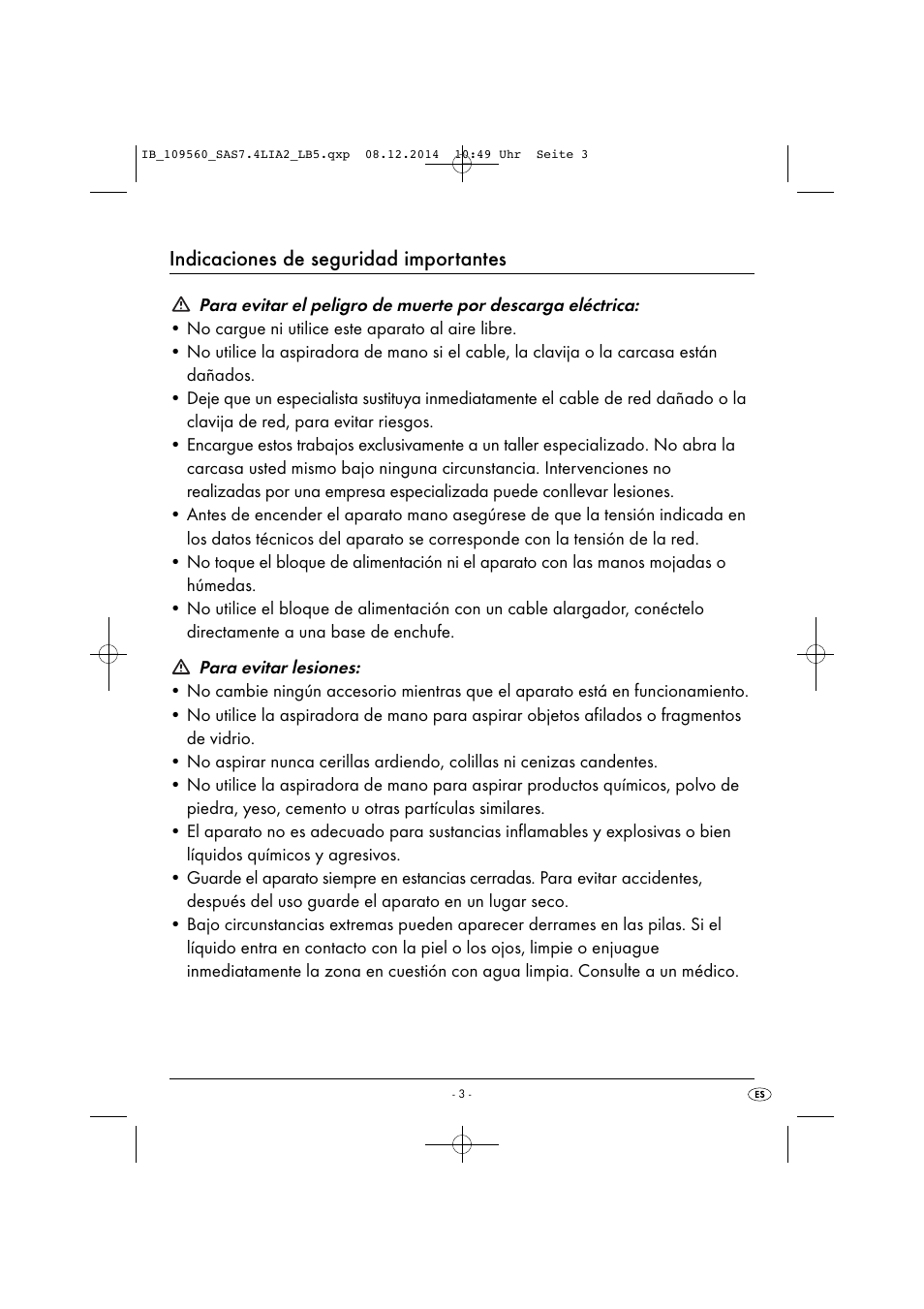 Indicaciones de seguridad importantes | Silvercrest ASPIRADOR DE MANO CON BATERÍA DE IONES DE LITIO MINI ASPIRAPOLVERE/LIQUIDI RICARICABILE SAS 7.4 LI A2 User Manual | Page 6 / 51