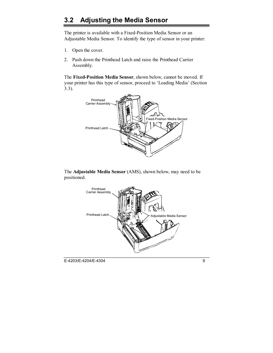 2 adjusting the media sensor | Datamax E-4203 User Manual | Page 19 / 92