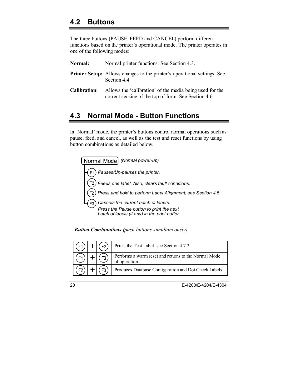 2 buttons, 3 normal mode - button functions | Datamax E-4203 User Manual | Page 30 / 92