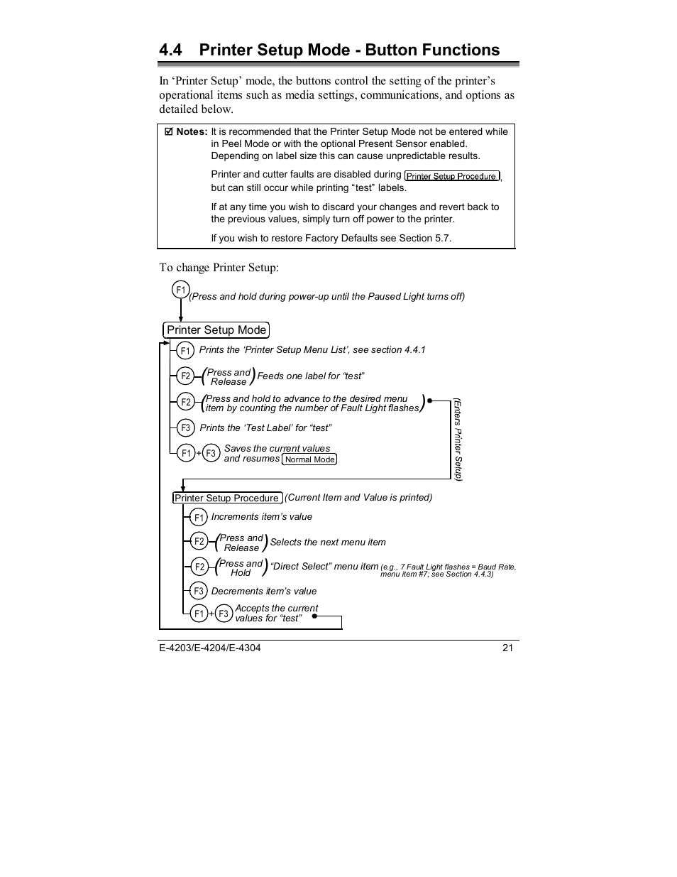 4 printer setup mode - button functions | Datamax E-4203 User Manual | Page 31 / 92