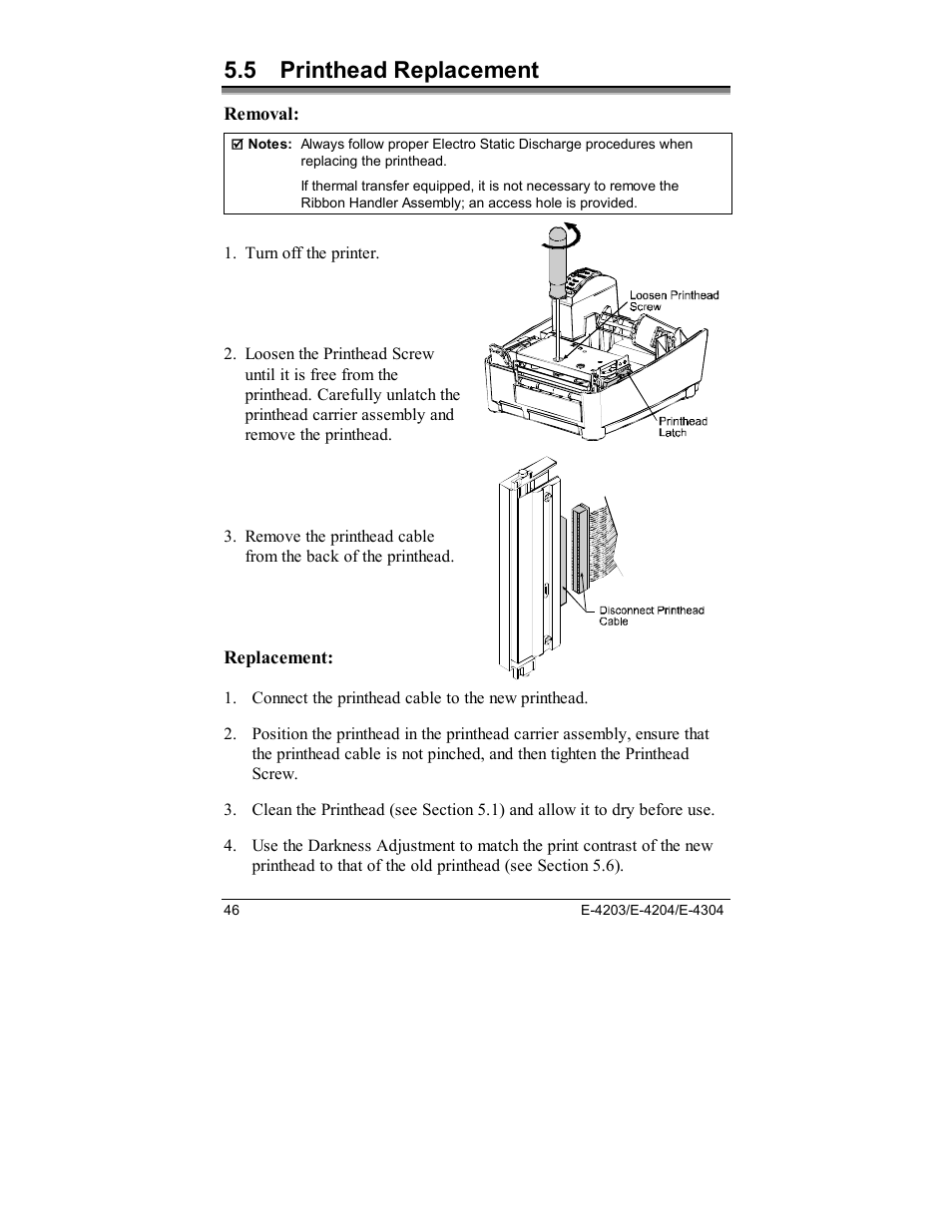 5 printhead replacement | Datamax E-4203 User Manual | Page 56 / 92