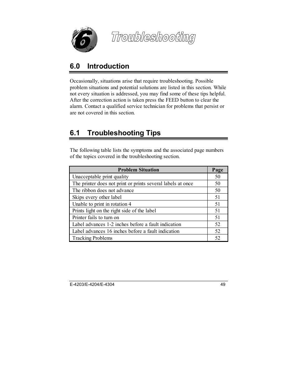 0 introduction, 1 troubleshooting tips | Datamax E-4203 User Manual | Page 59 / 92
