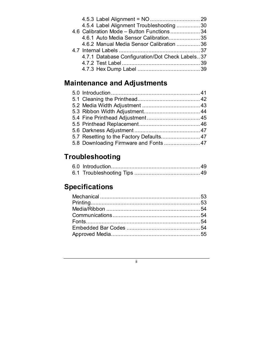 Maintenance and adjustments, Troubleshooting, Specifications | Datamax E-4203 User Manual | Page 8 / 92