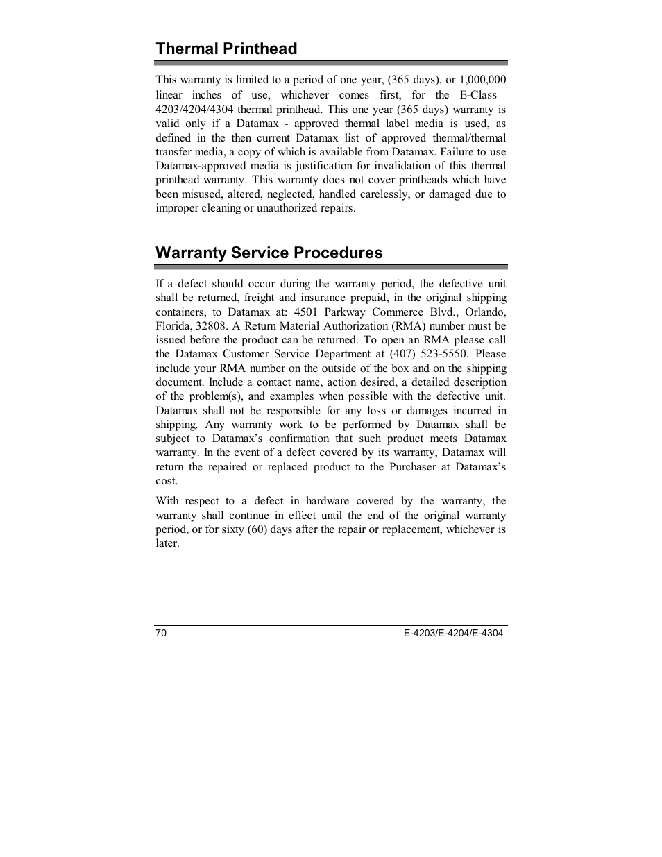 Thermal printhead, Warranty service procedures | Datamax E-4203 User Manual | Page 80 / 92