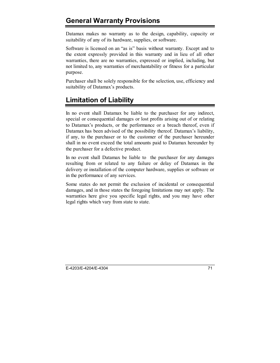 General warranty provisions, Limitation of liability | Datamax E-4203 User Manual | Page 81 / 92